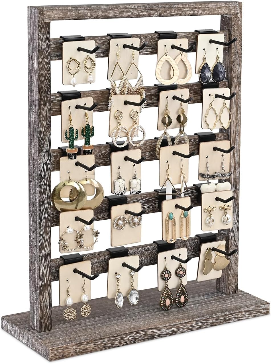 Ikee Design 5 Tiers Wooden Jewelry Display Rack with 20 Removable Metal Hooks