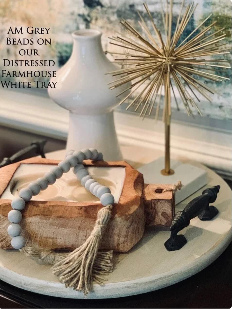 Farmhouse Wood Beads Garland with Tassels 58 Inches Grey