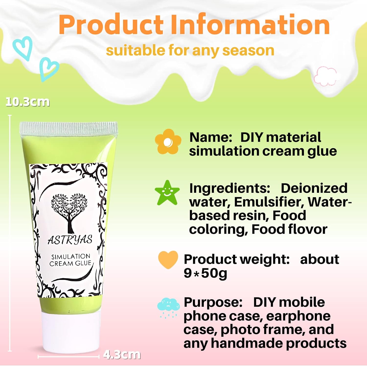 ASTRYAS 9PCS Art Glue Cream DIY Phone Case Kit