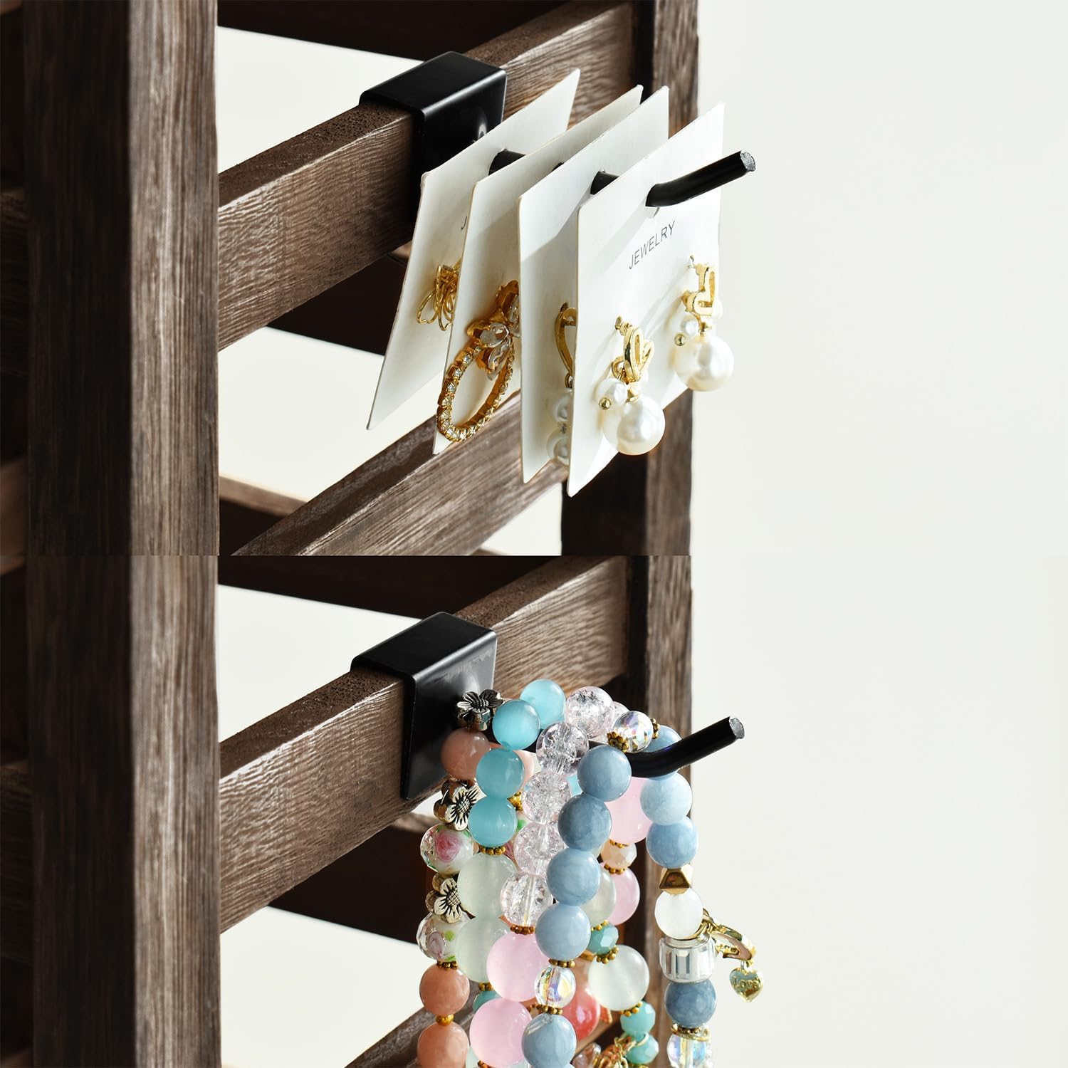 Ikee Design 5 Tiers Wooden Jewelry Display Rack with 20 Removable Metal Hooks