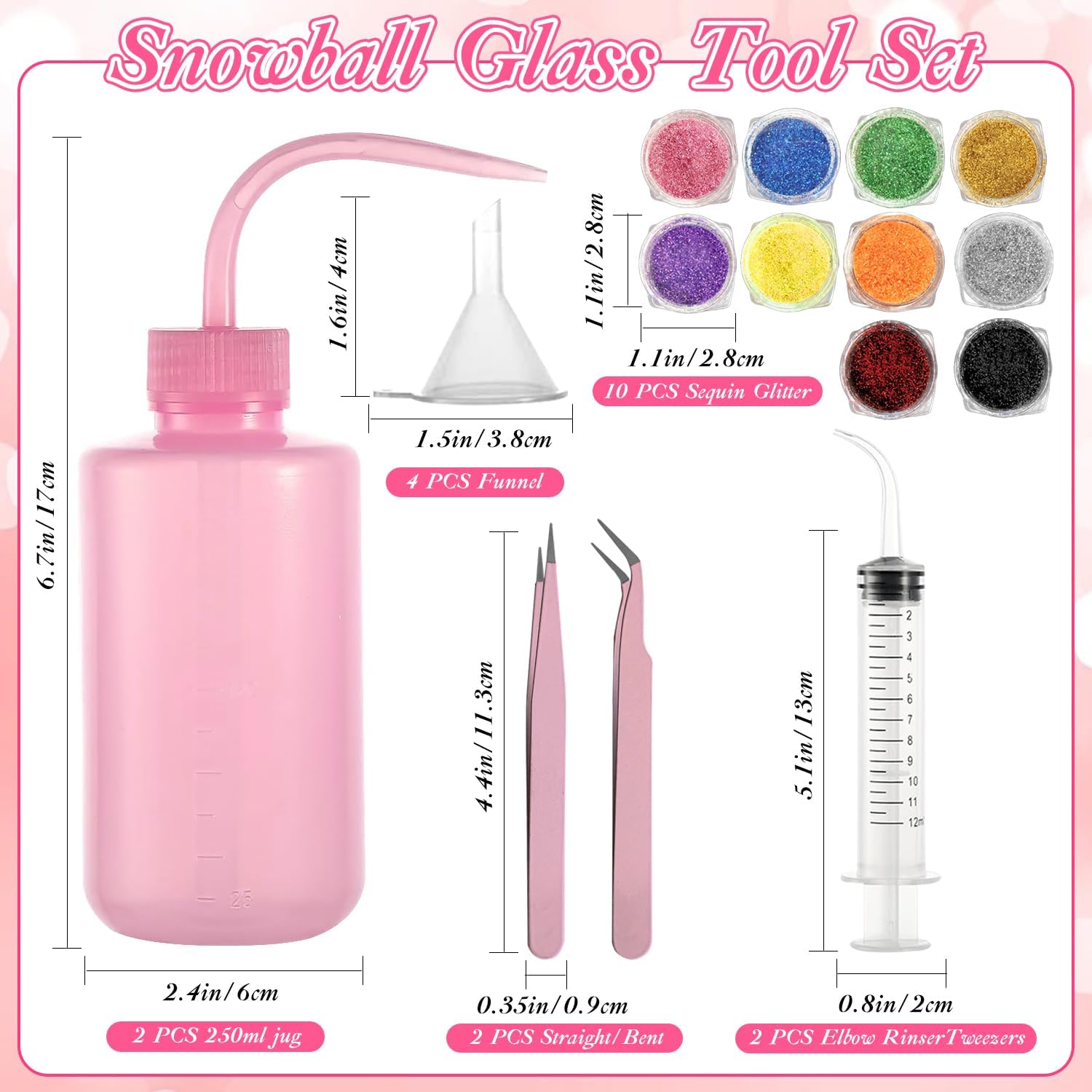 20 Pcs Snow Globe Tumbler Kit with Glitter Funnel Tweezers Syringe Plastic Bottle