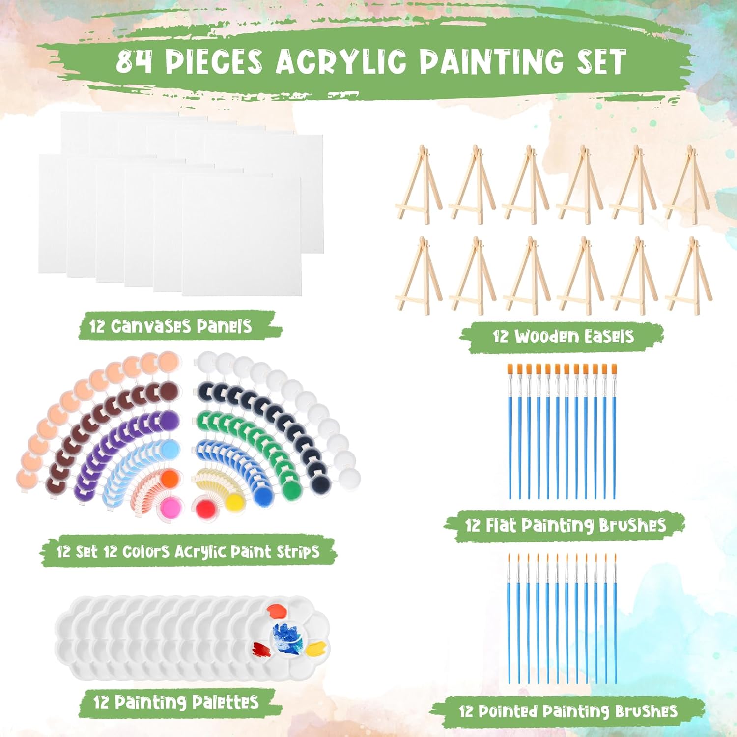 Qilery 12 Set Acrylic Paint Kit Mini Canvas with Easel and Brushes