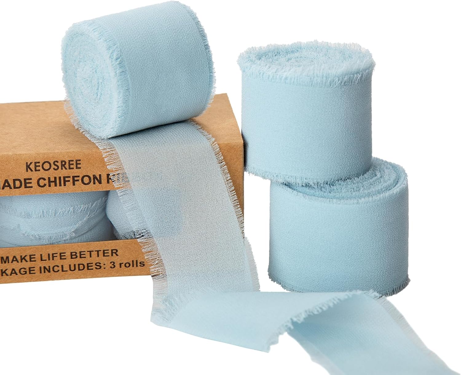 3 Rolls Light Blue Chiffon Ribbon with Fringe for Crafting and Wedding