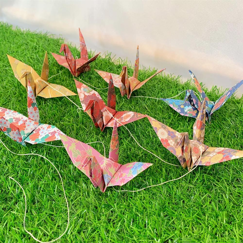 Japanese Washi Paper Crane Garlands 4 Strings x 43ft Mixed Patterns