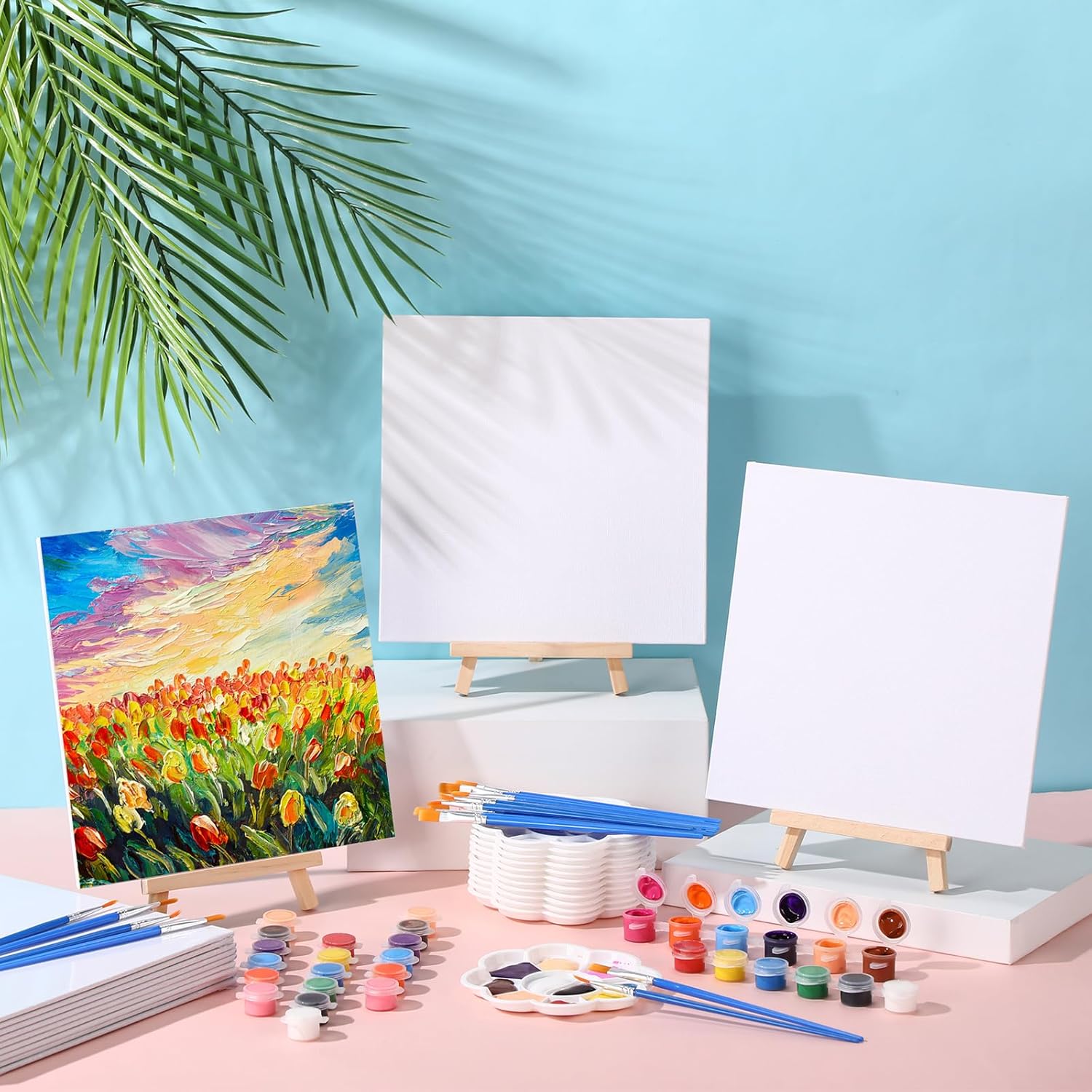 Qilery 12 Set Acrylic Paint Kit Mini Canvas with Easel and Brushes