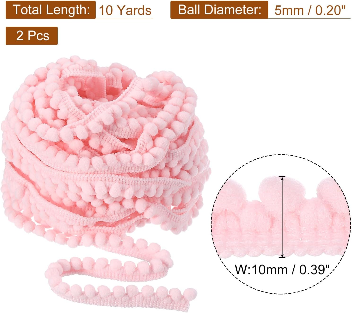 Uxcell 2Pcs 10 Yards Pom Pom Fringe Trim 5mm Pink