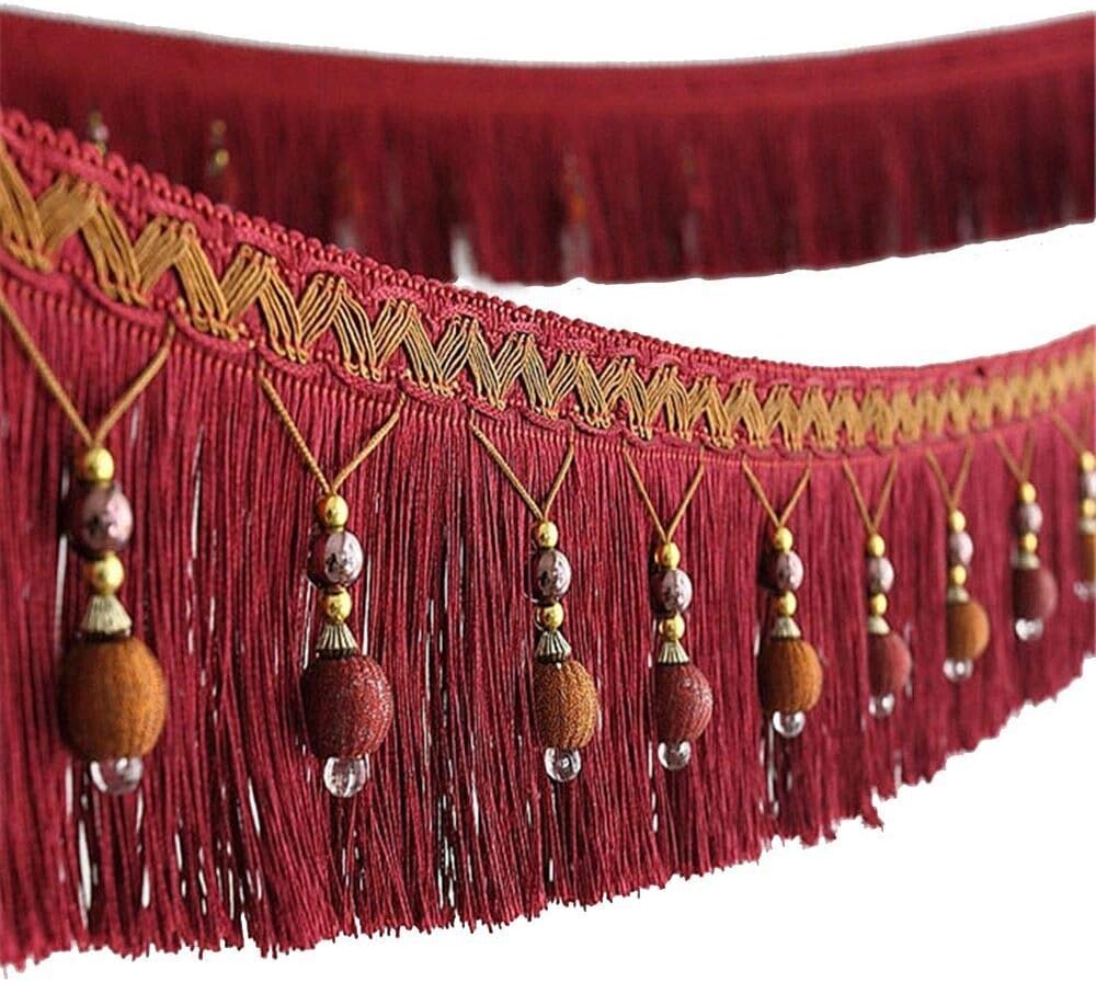 Yalulu Dark Red Braided Beads Fringe Trim Ribbon