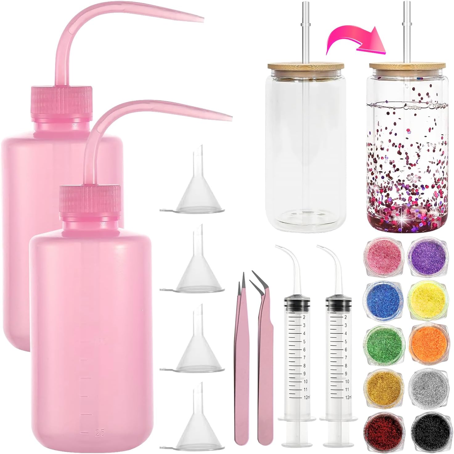 20 Pcs Snow Globe Tumbler Kit with Glitter Funnel Tweezers Syringe Plastic Bottle
