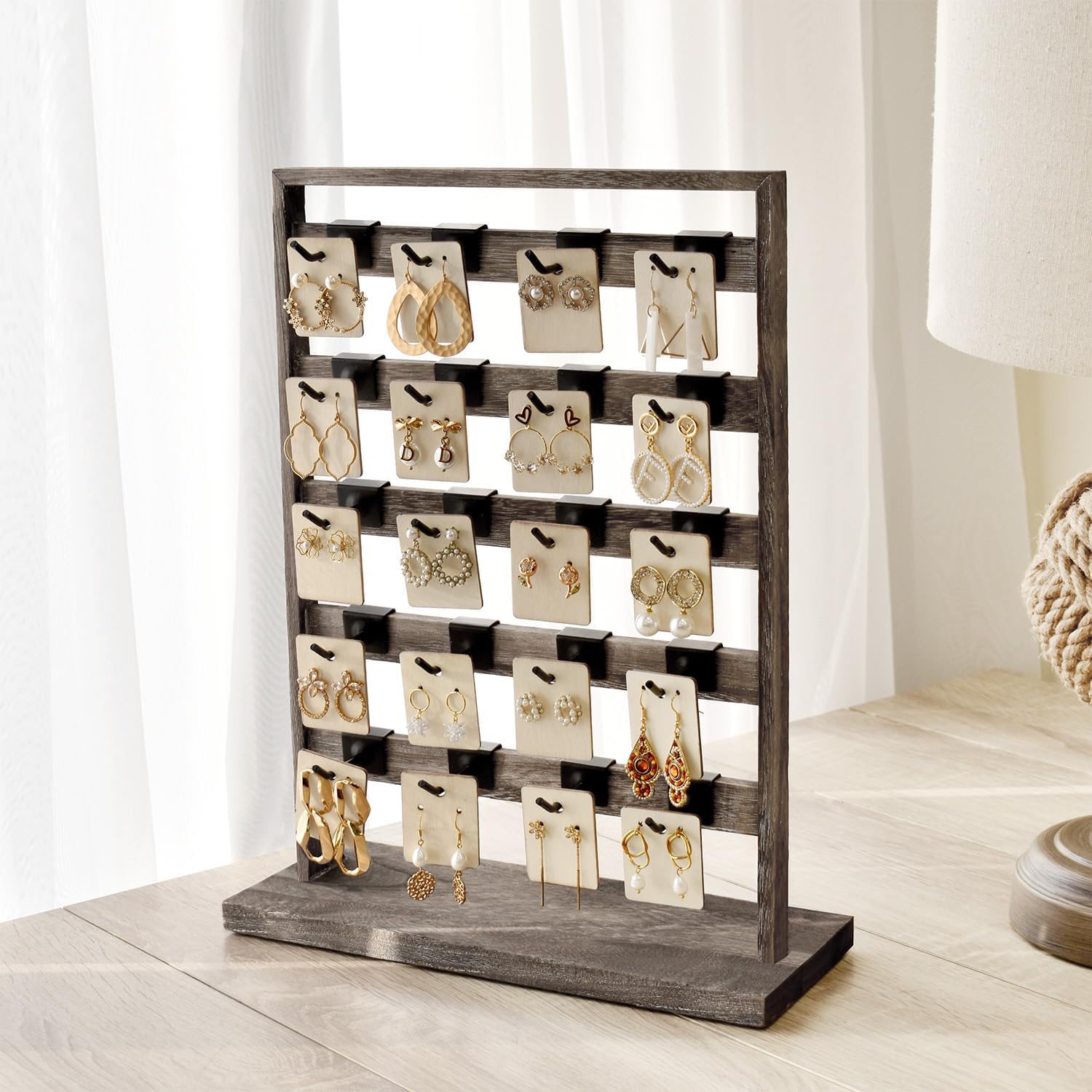 Ikee Design 5 Tiers Wooden Jewelry Display Rack with 20 Removable Metal Hooks