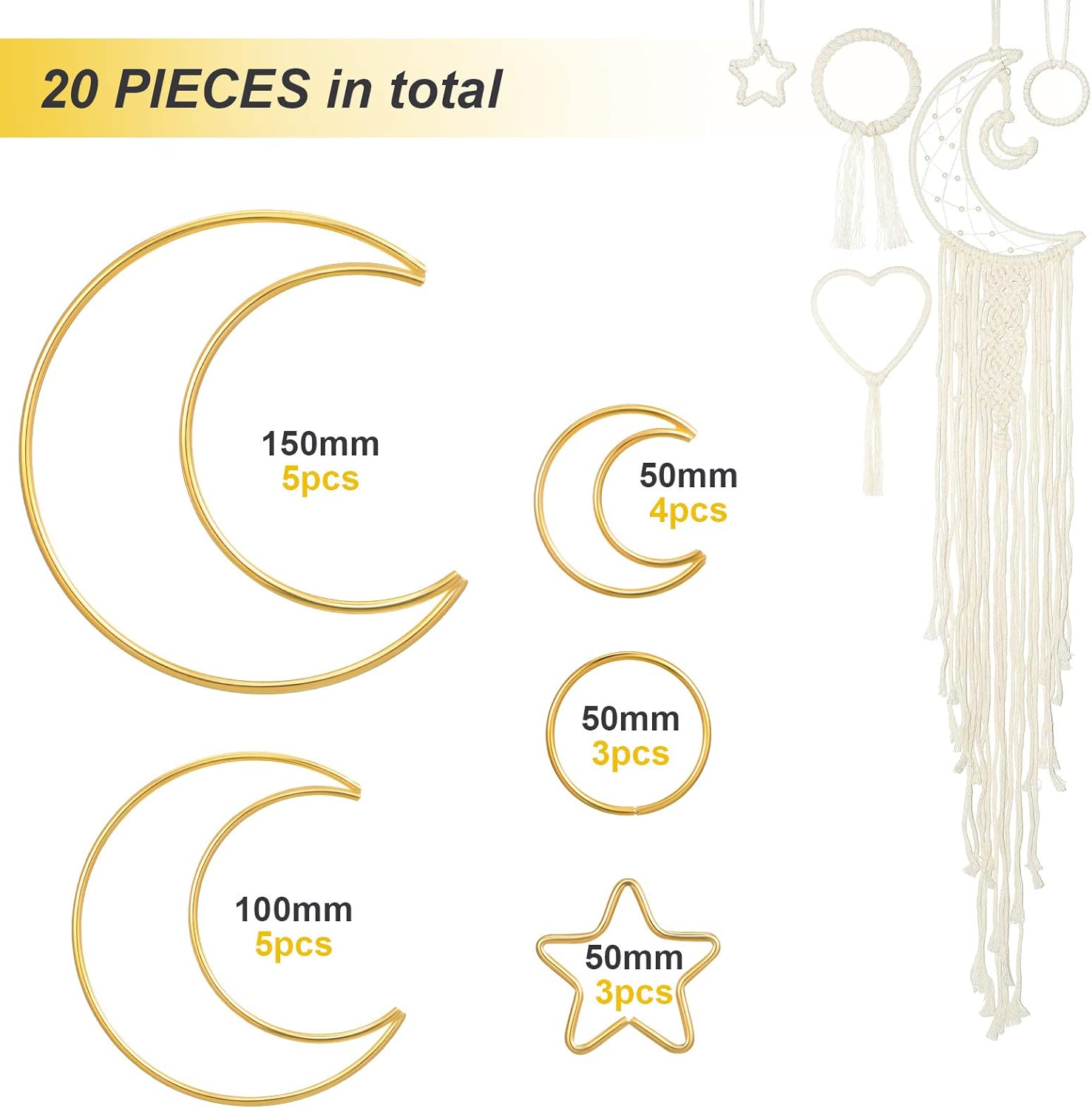 20 Pcs Gold Moon Dream Catcher Rings Hoops