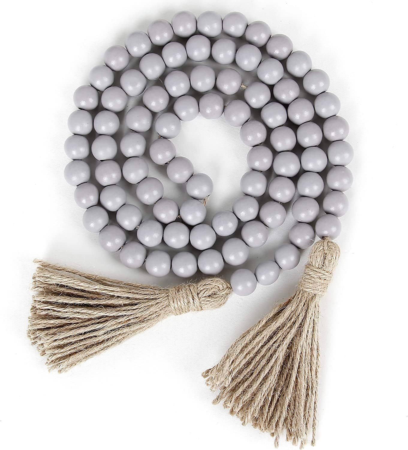Farmhouse Wood Beads Garland with Tassels 58 Inches Grey