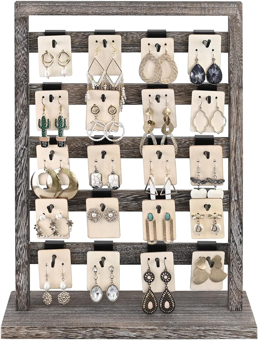 Ikee Design 5 Tiers Wooden Jewelry Display Rack with 20 Removable Metal Hooks