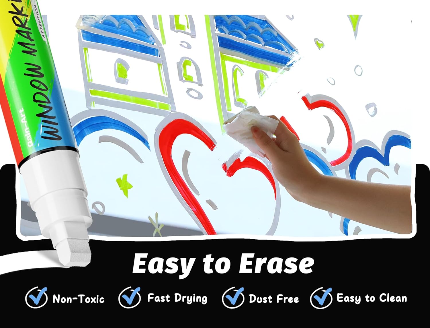 Gain-Art Car Window Markers 8 Pens 10mm Tips Washable