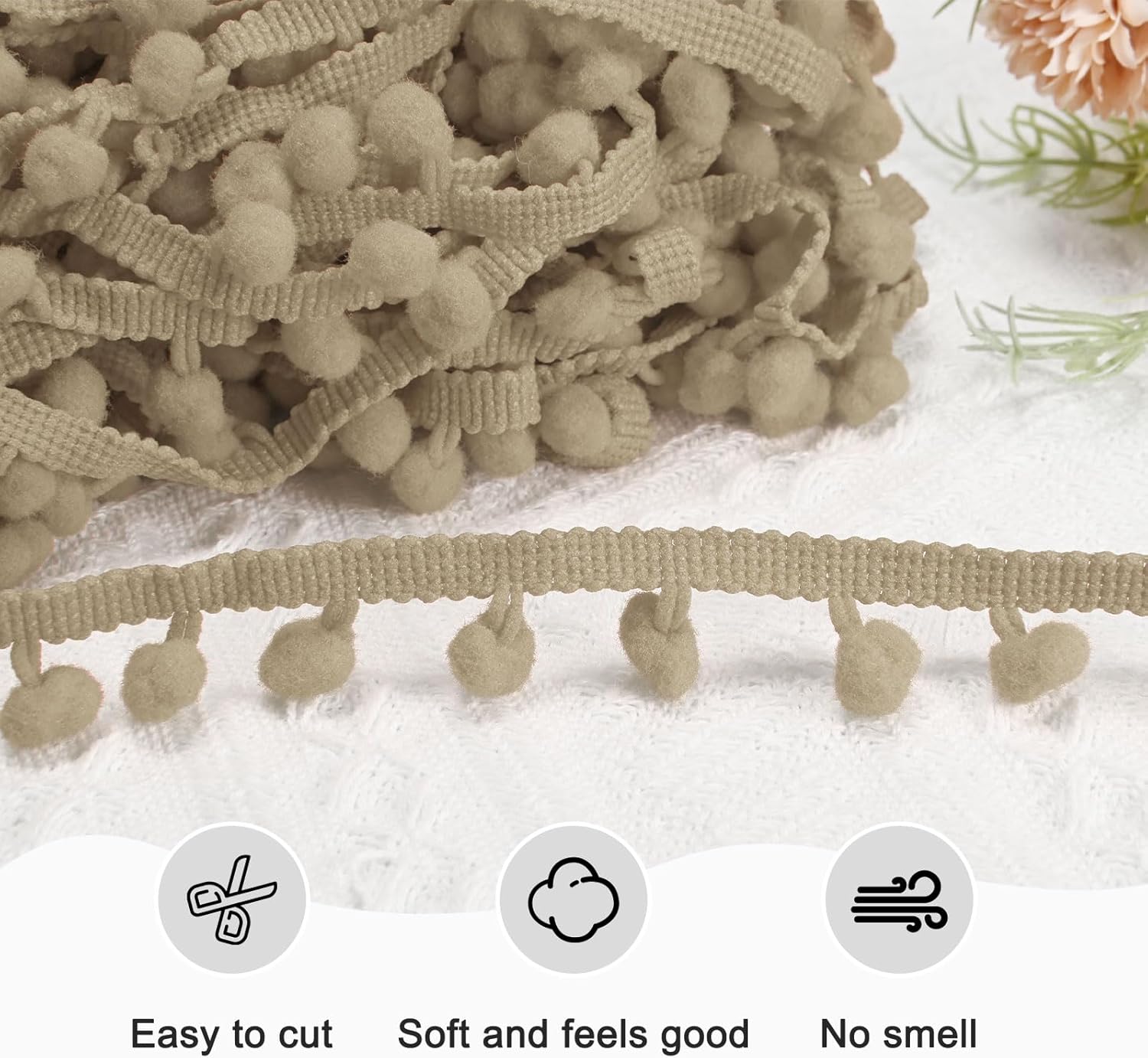 Pom Pom Ball Fringe Trim Ribbon 20 Yards Light Khaki