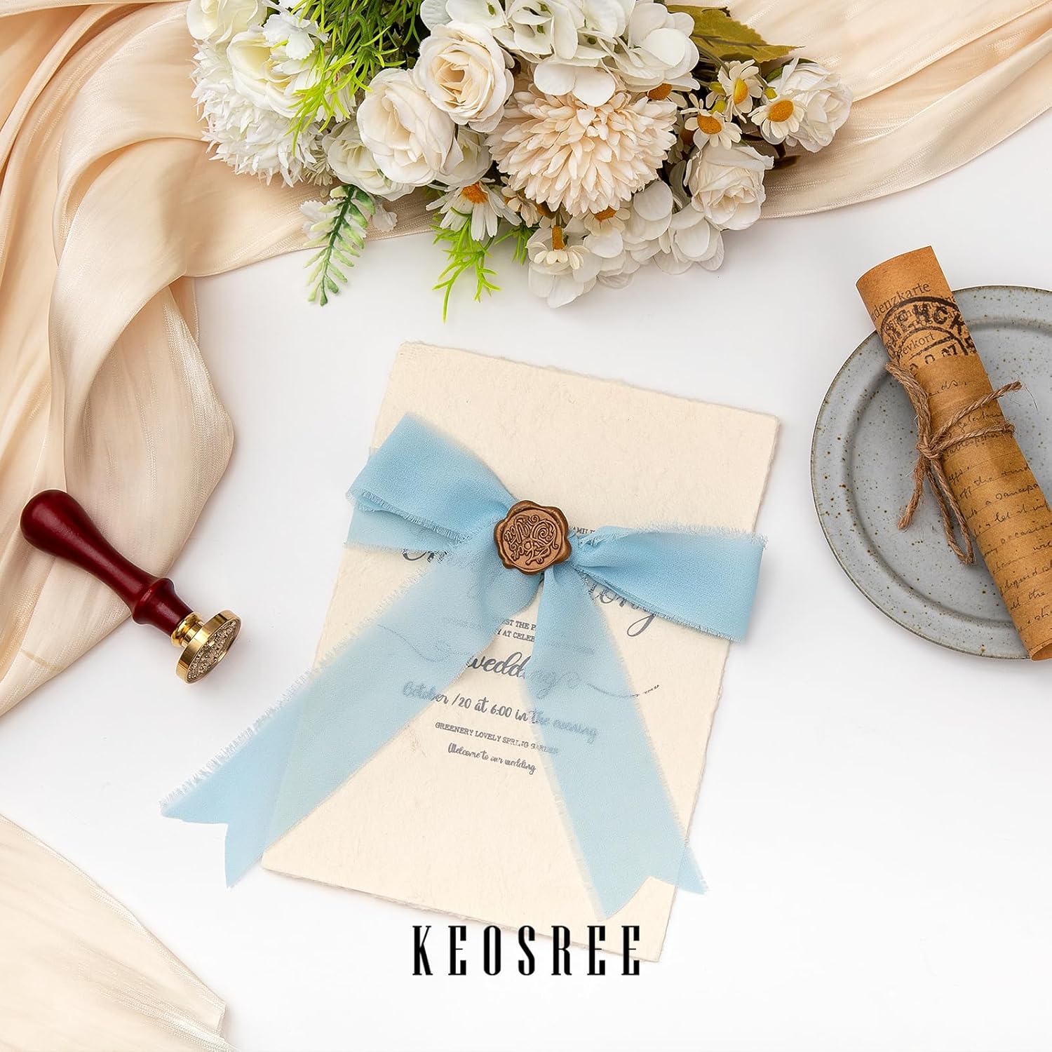 3 Rolls Light Blue Chiffon Ribbon with Fringe for Crafting and Wedding