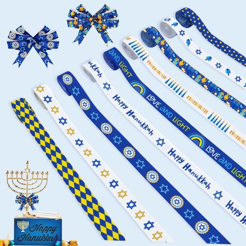 9 Piece Hanukkah Grosgrain Ribbons 38 Chanukah Blue White Decor