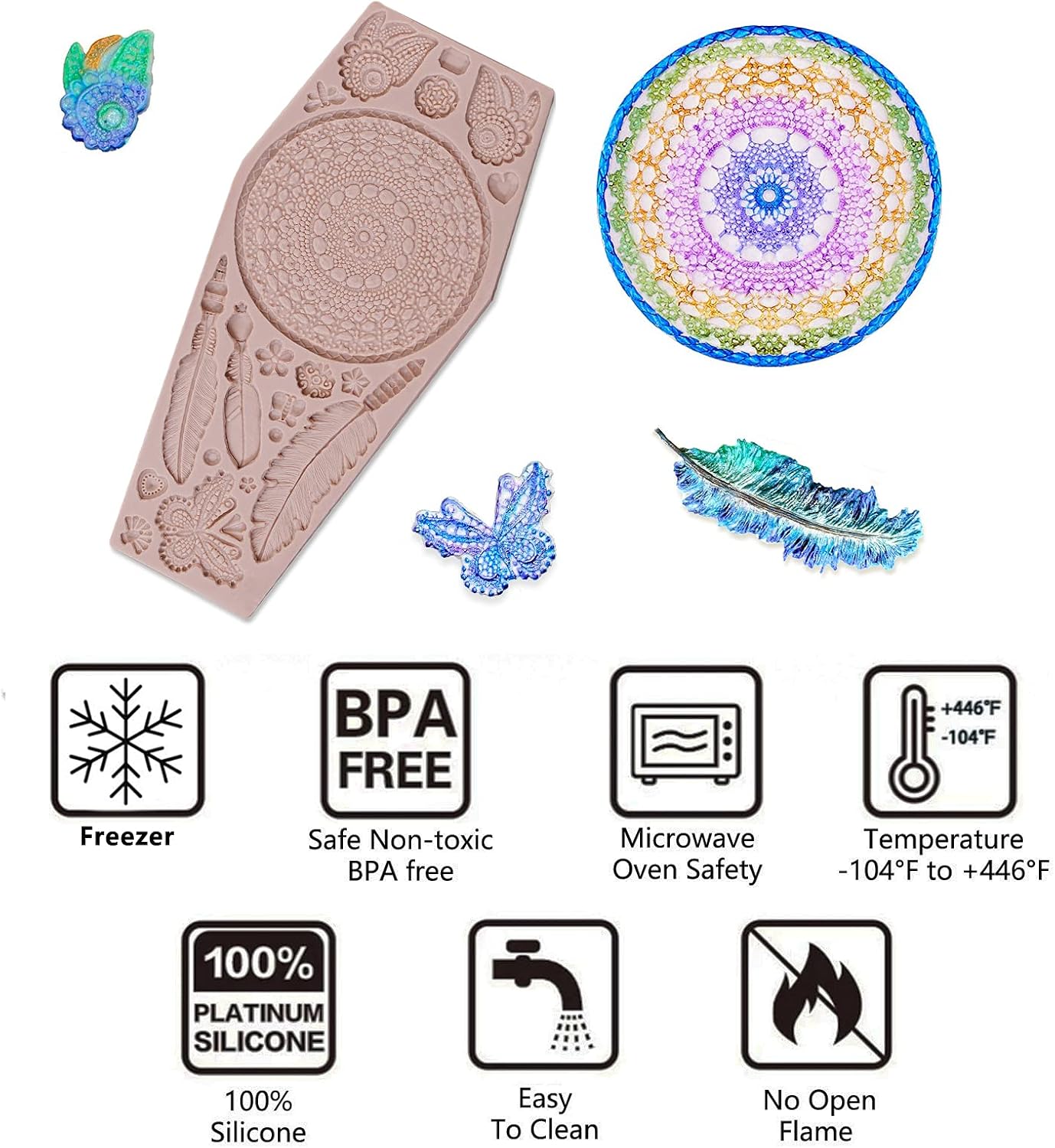 Dream Catcher Fondant Mold - Butterfly Dragonfly Heart Silicone