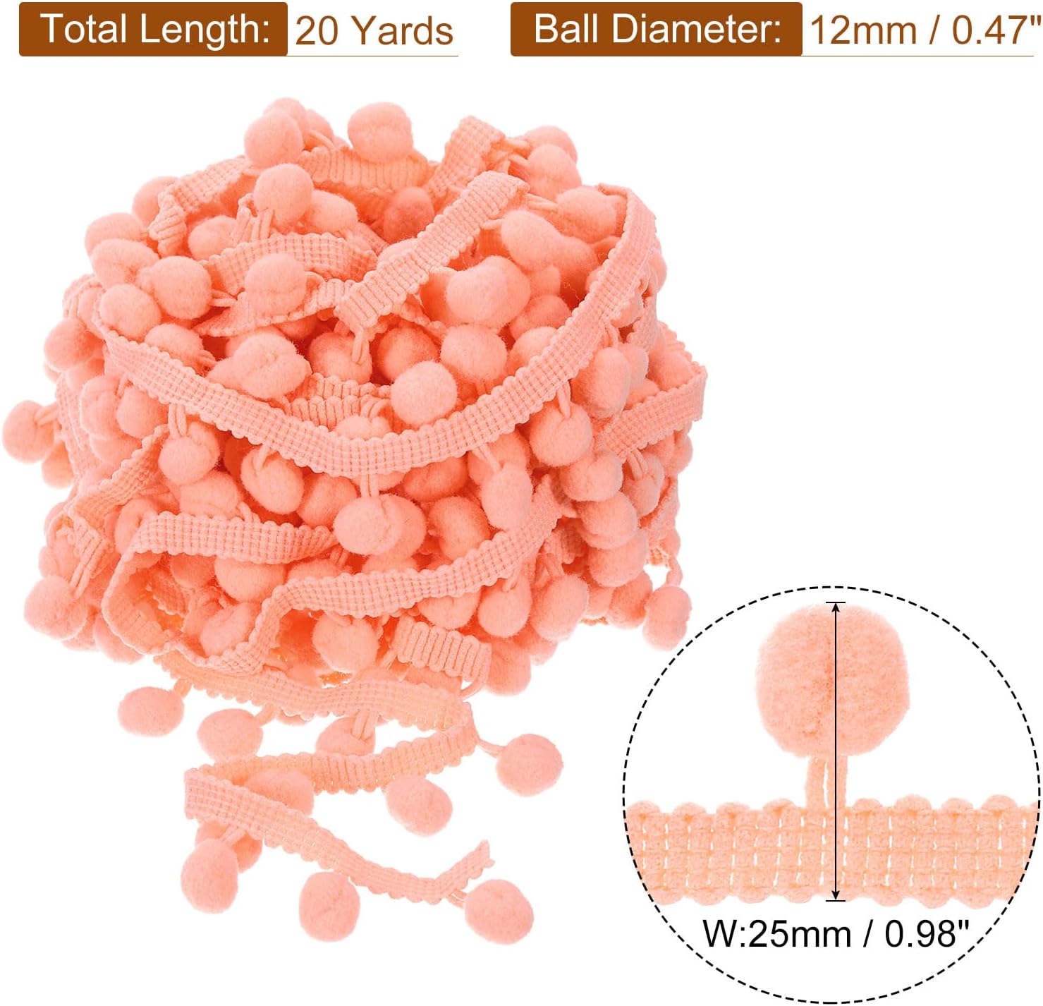 Uxcell Pom Pom Ball Fringe Trim 20 Yards Coral Pink
