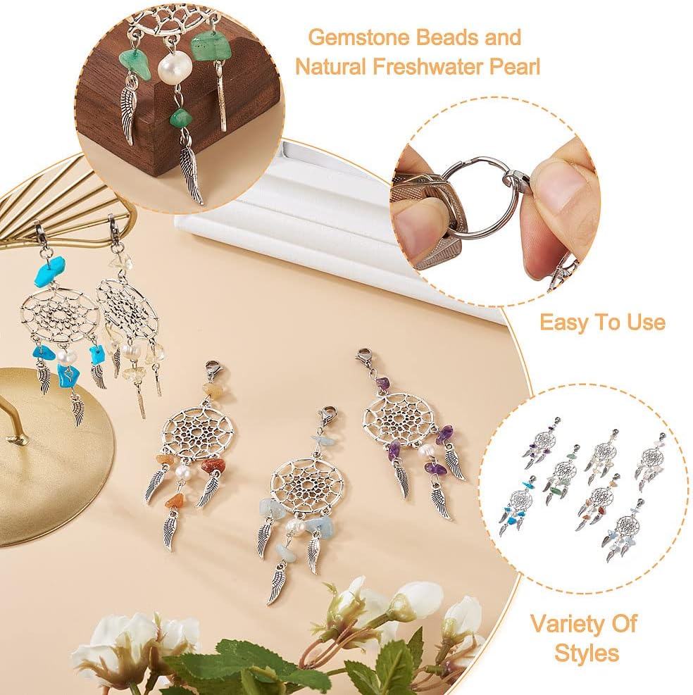 KISSITTY 28pcs Dream Catcher Charms with Gemstone and Pearl Beads