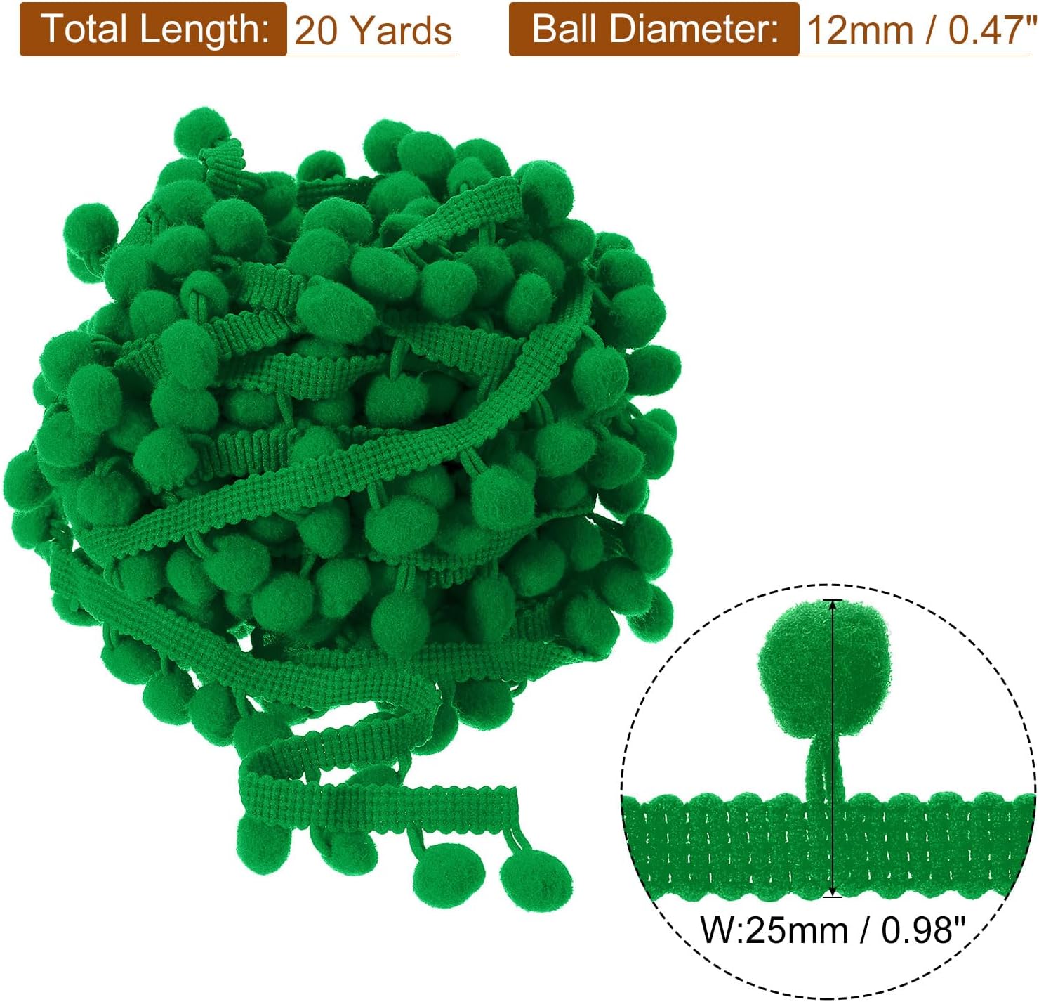 Uxcell Pom Pom Ball Fringe Trim 20 Yards Dark Green
