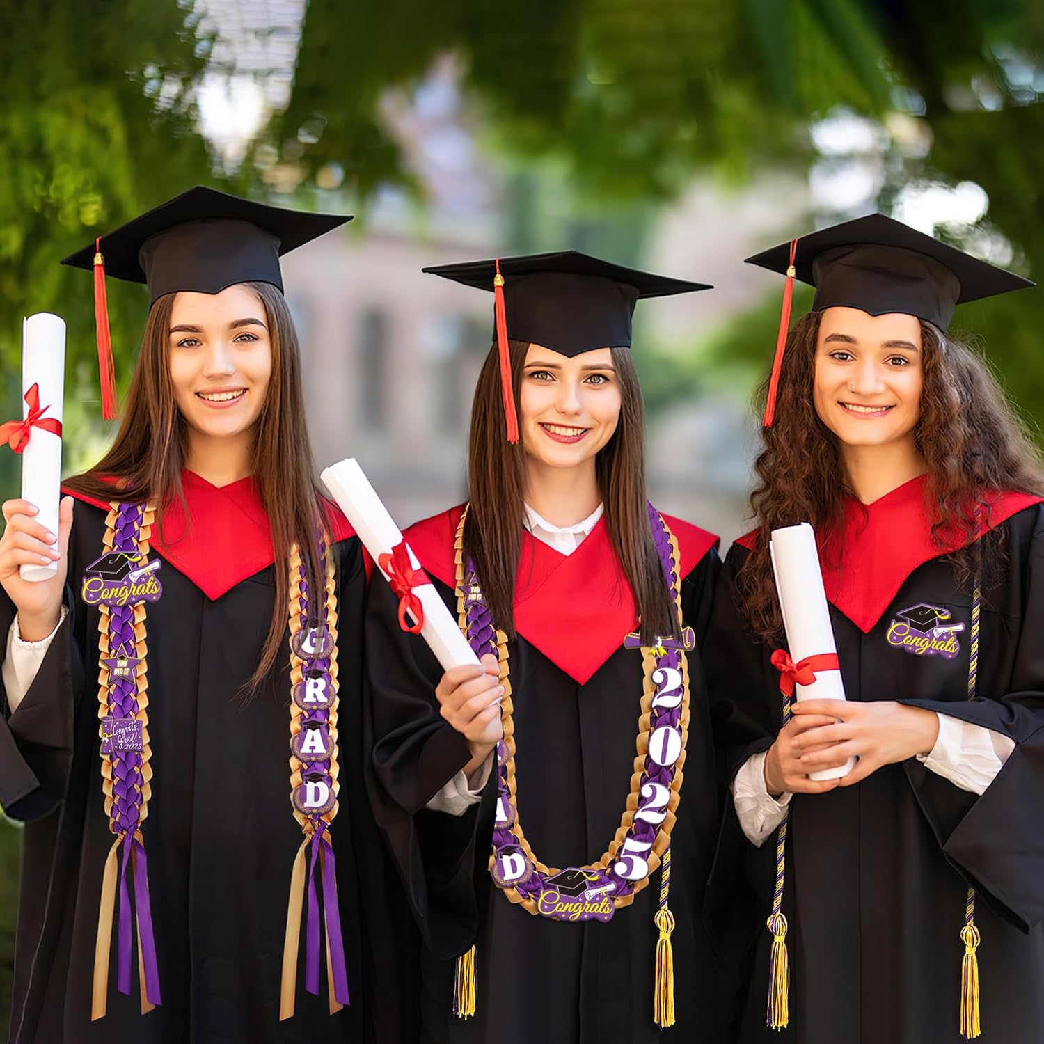 JUNEBRUSHS Graduation Leis 2025 Gold Purple Ribbon Set