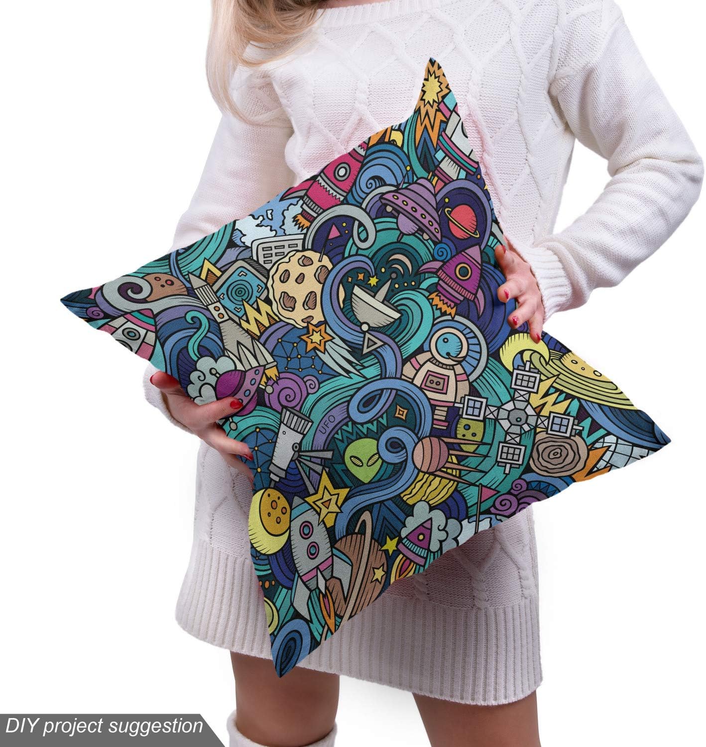Ambesonne Space Fabric by the Yard Abstract Cartoon Astronomical Decor