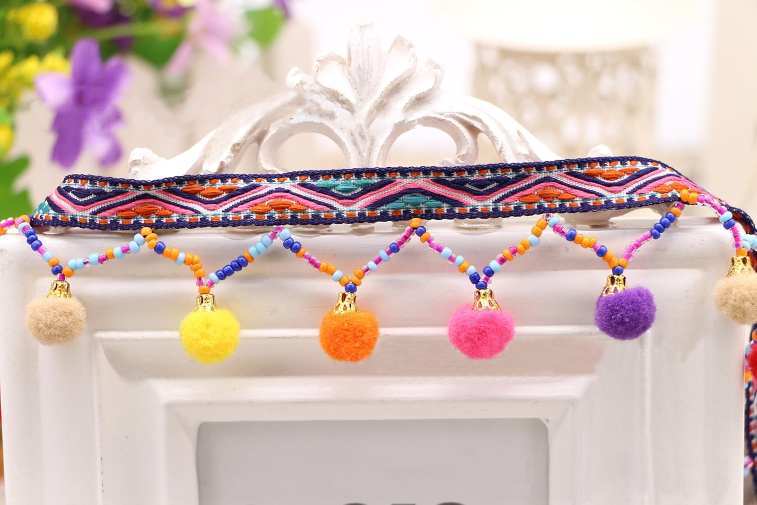Yalulu 5 Yard Black Retro Rainbow Pom Pom Fringe Trim Ribbon