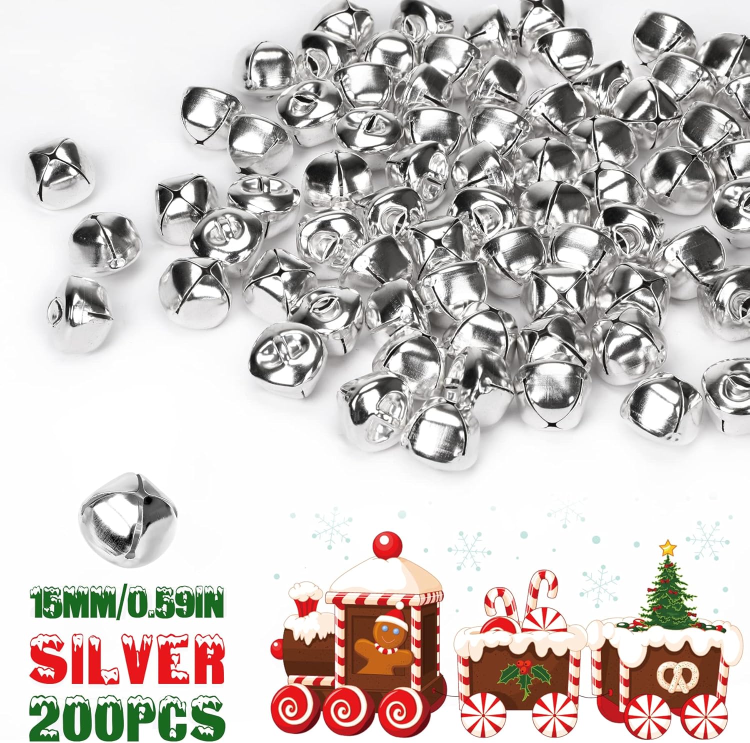 Augshy 200 Piece Jingle Bells Silver 35 Inch Craft Decor