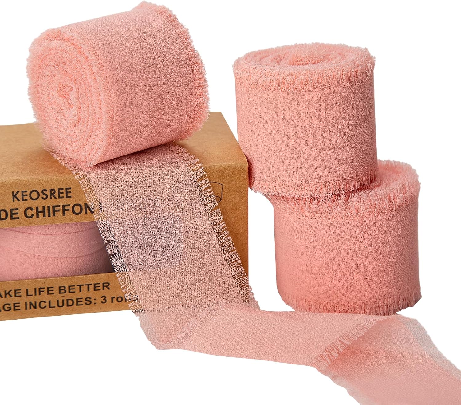 3 Rolls Blush Pink Chiffon Ribbon with Frayed Fringe
