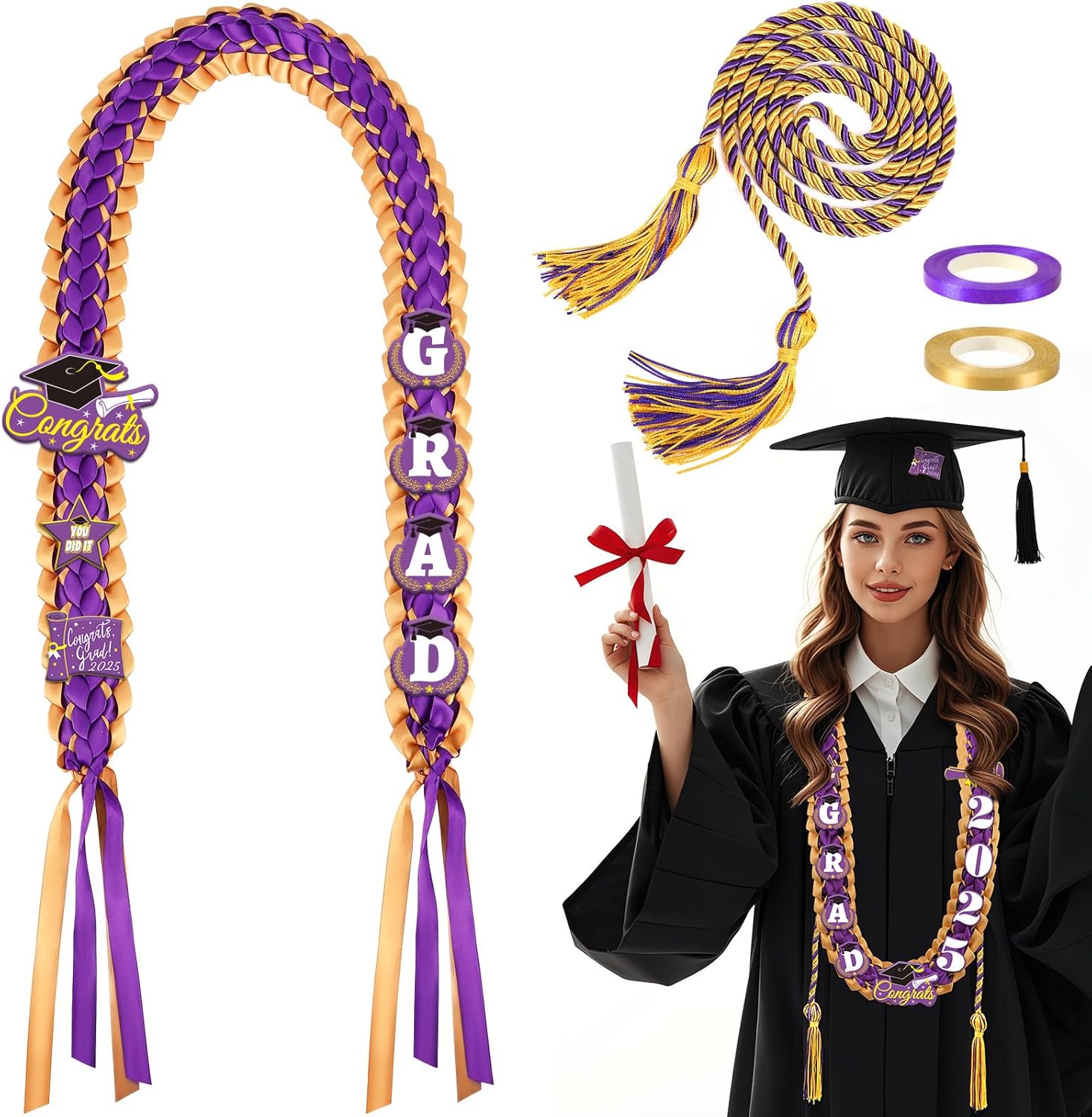 JUNEBRUSHS Graduation Leis 2025 Gold Purple Ribbon Set
