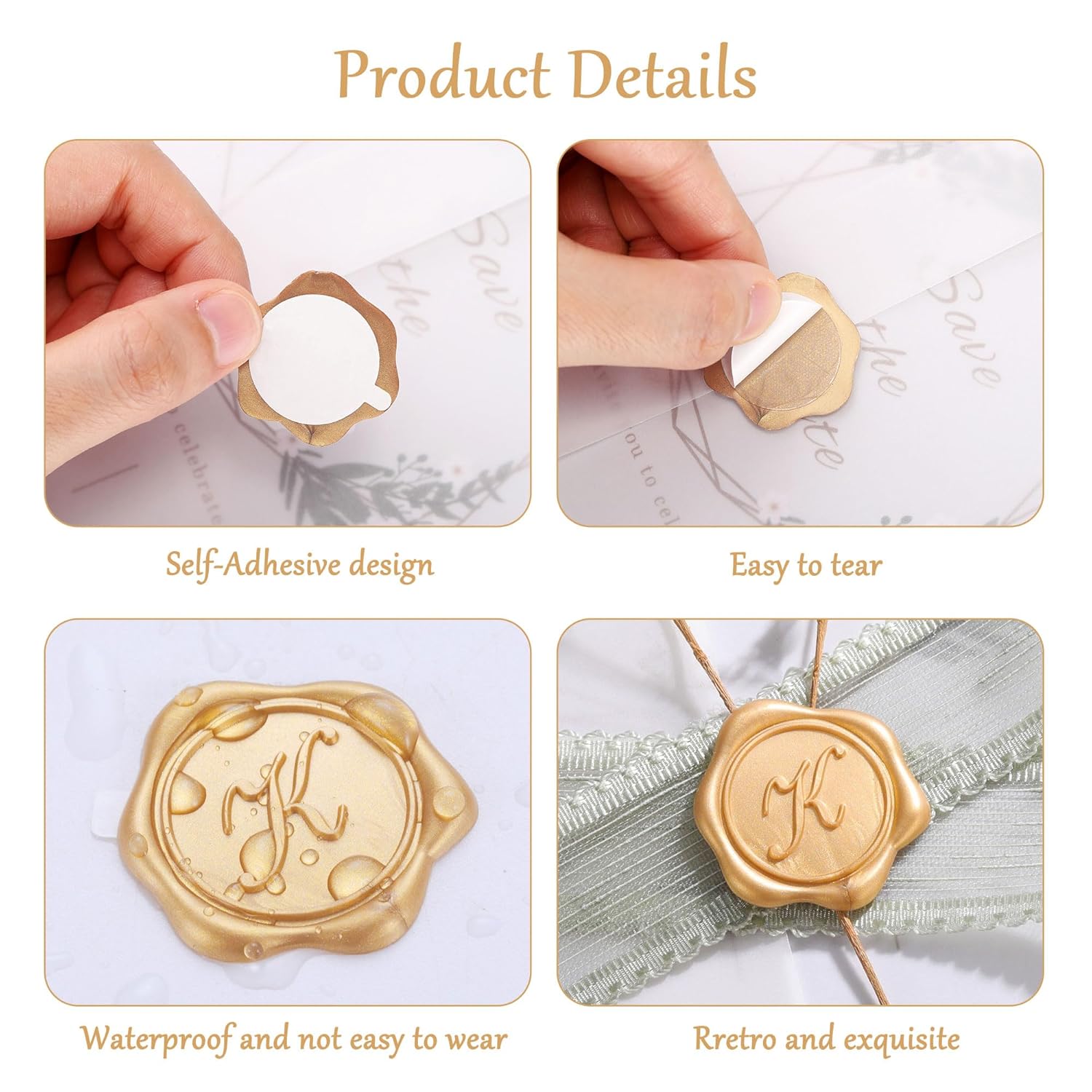 Yoption Wax Seal Stickers 50 Pcs Light Gold Initial Alphabet Envelope Seals
