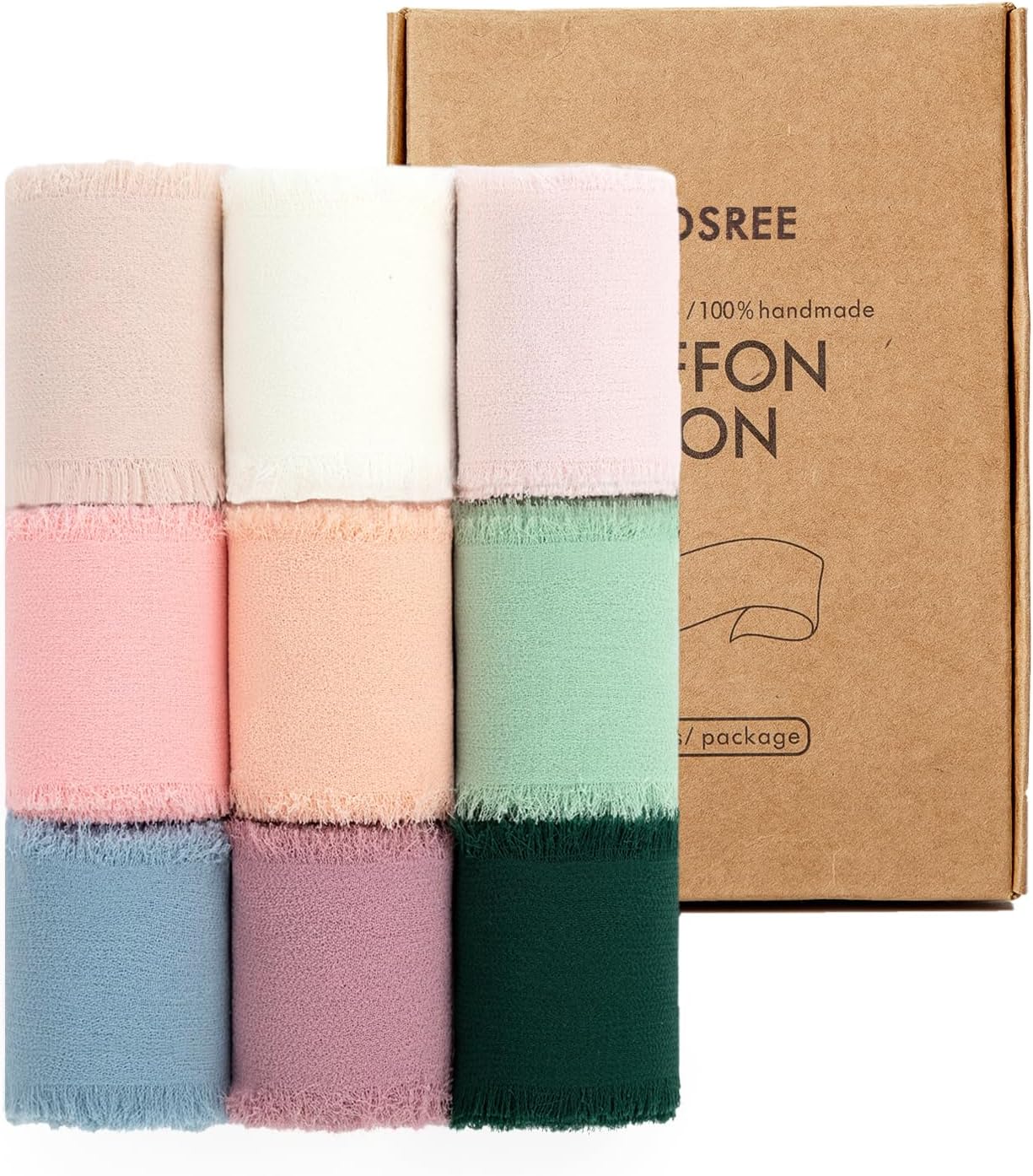 9 Rolls Multicolour Chiffon Ribbon with Frayed Fringe