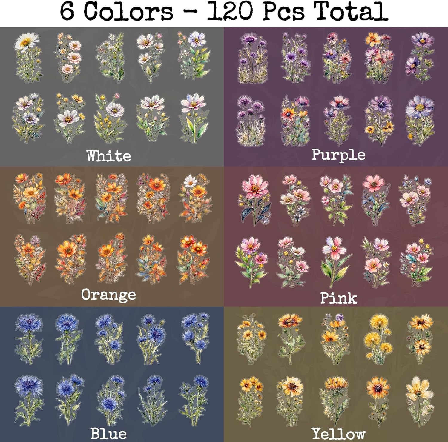 Knaid 120 Pieces Watercolor Flower Stickers Set