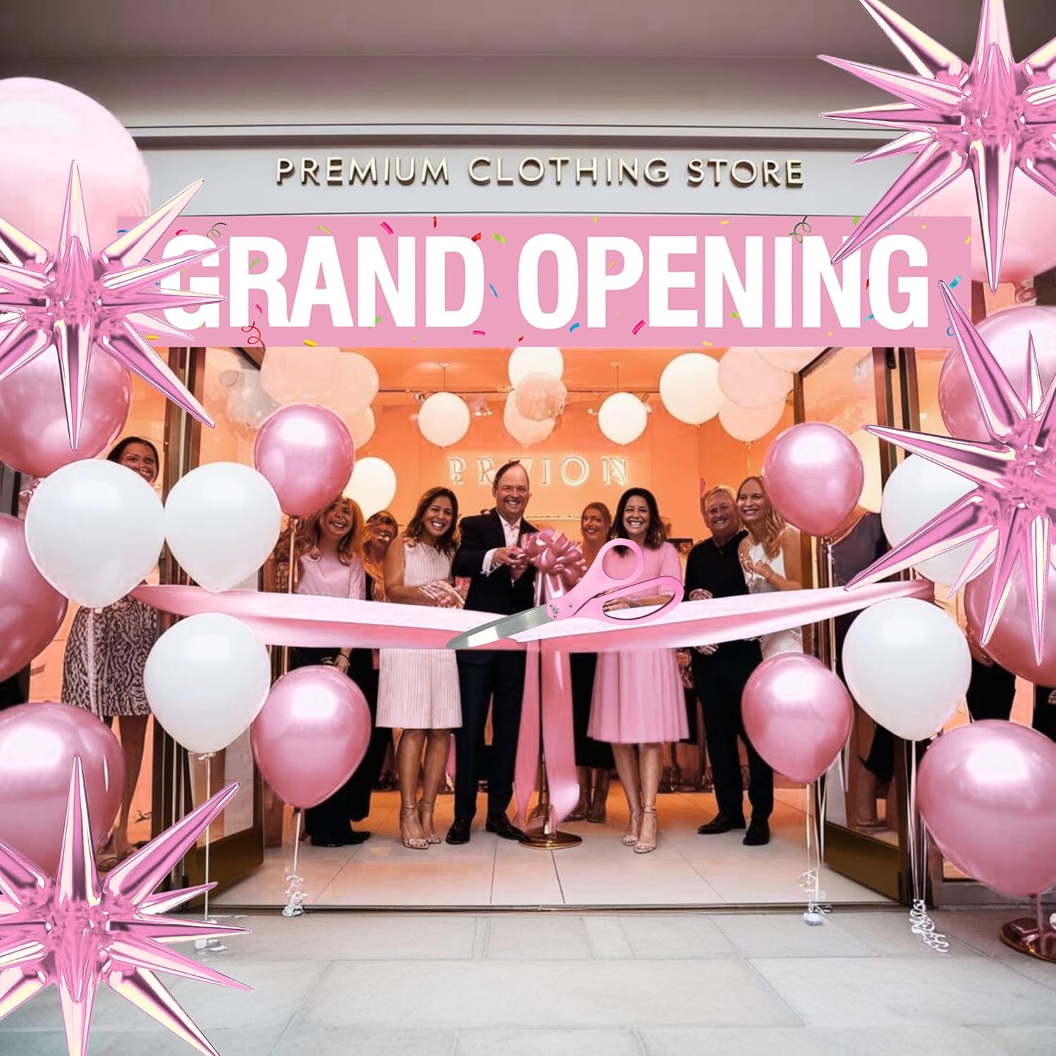 Giant Pink Ribbon Cutting Scissors with Banner and Balloons Kit