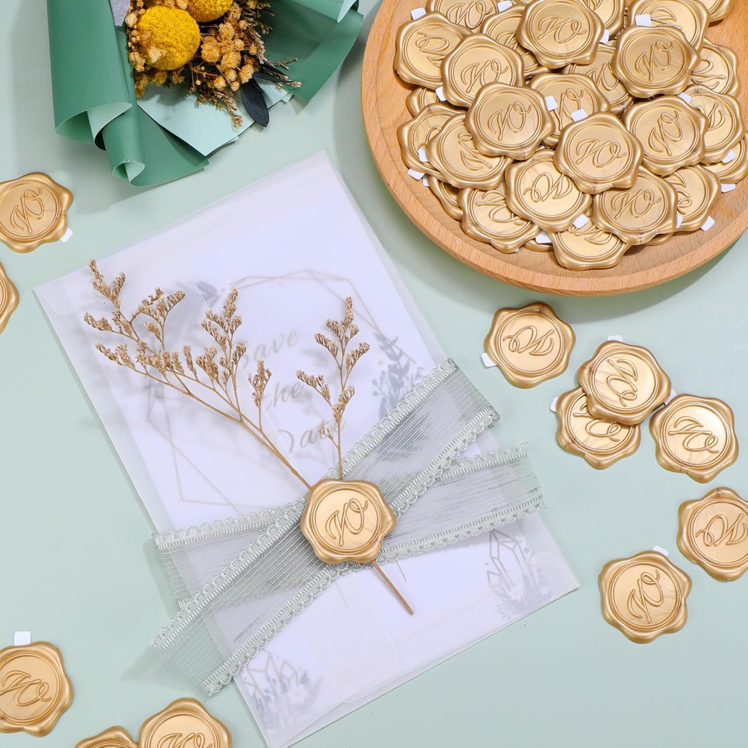 Yoption Wax Seal Stickers 50 Pcs Light Gold Initial Alphabet Envelope Seals