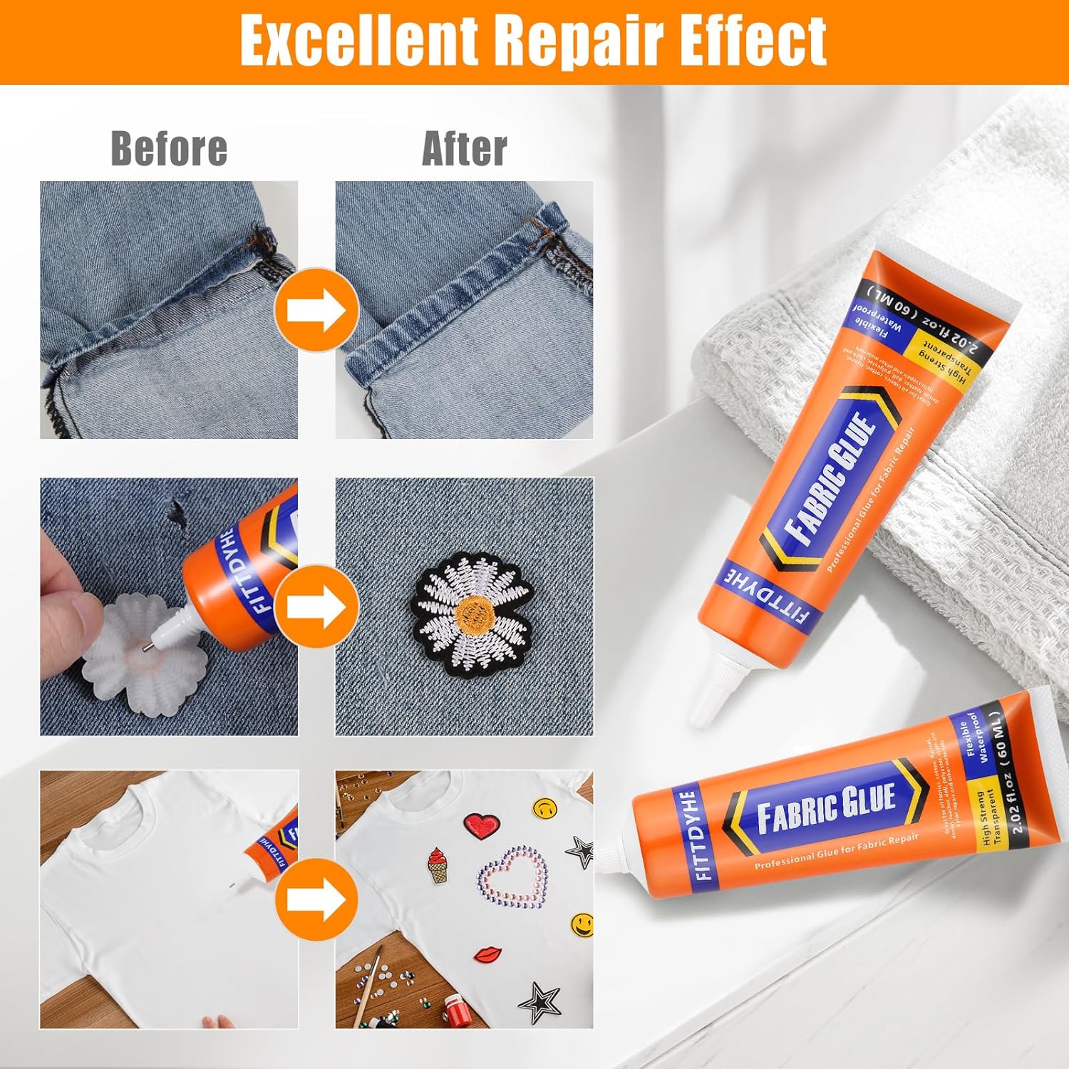 Permanent Fabric Glue 60 ML Clear Adhesive for Fabric Repairs