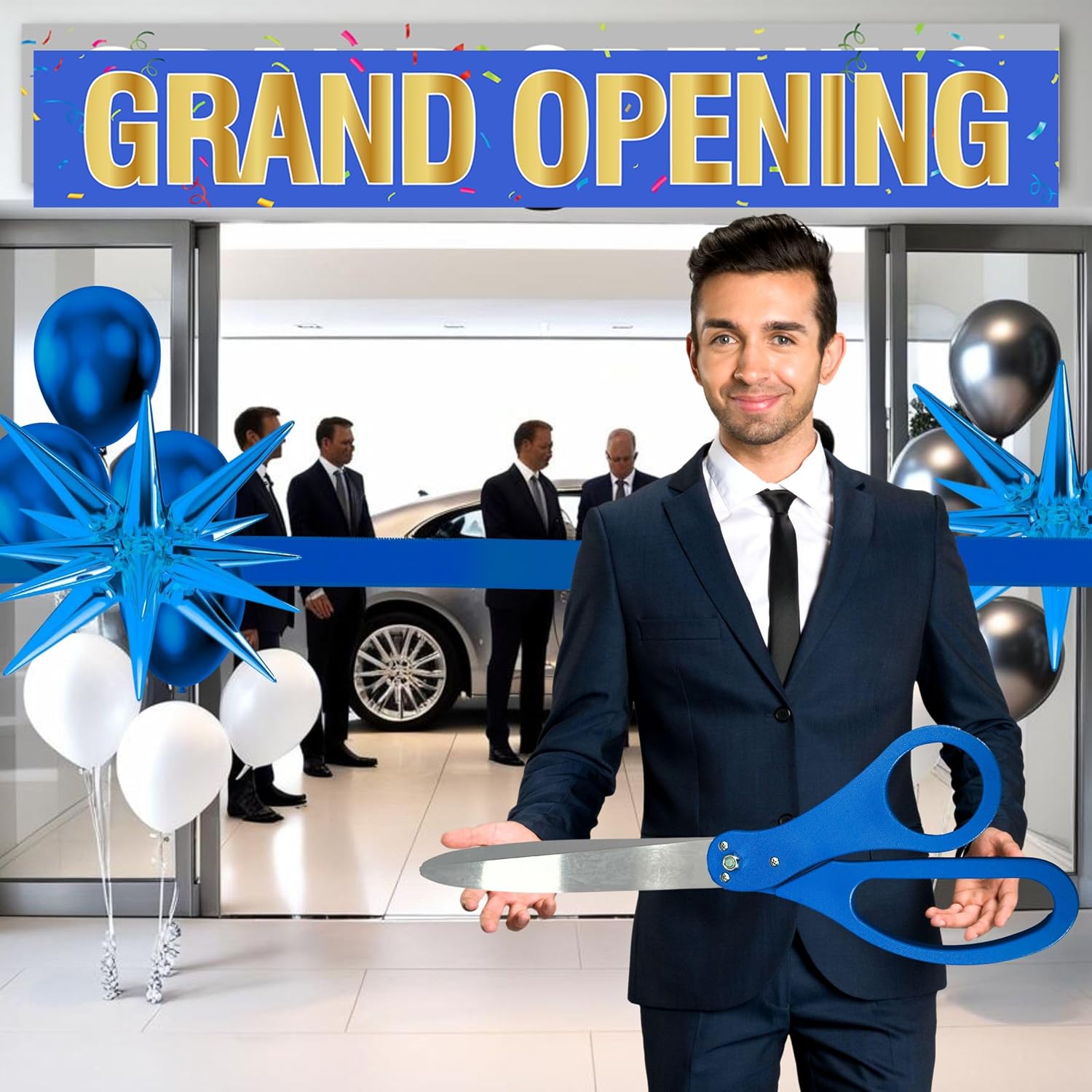 Blue Ribbon Cutting Ceremony Kit - 25 Inch Scissors Balloons Banner