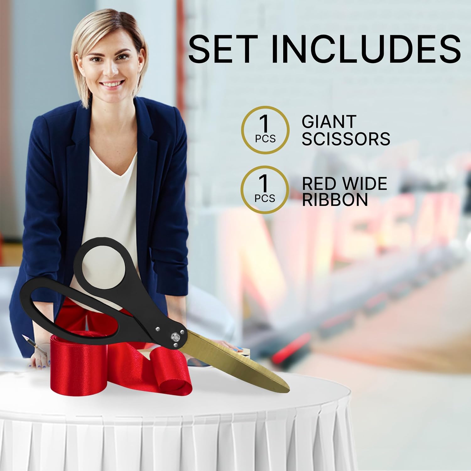 25 Inch Black Scissors with Red Ribbon for Ribbon Cutting Ceremony