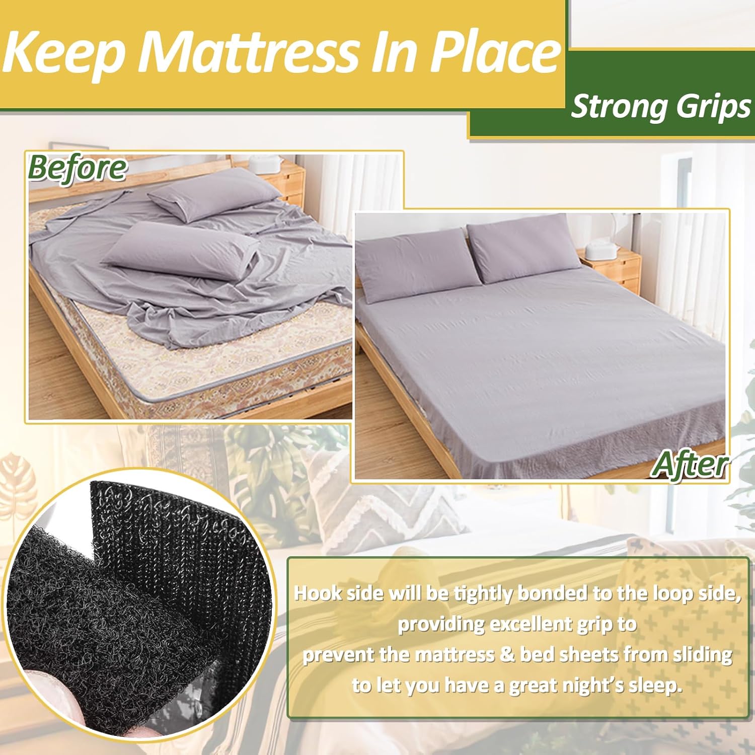 TEUVO Non Slip Mattress Grips Hook and Loop Tape Strips