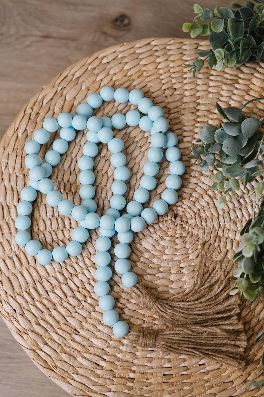 Farmhouse Wood Beads Garland with Blue Tassels 58 Inches
