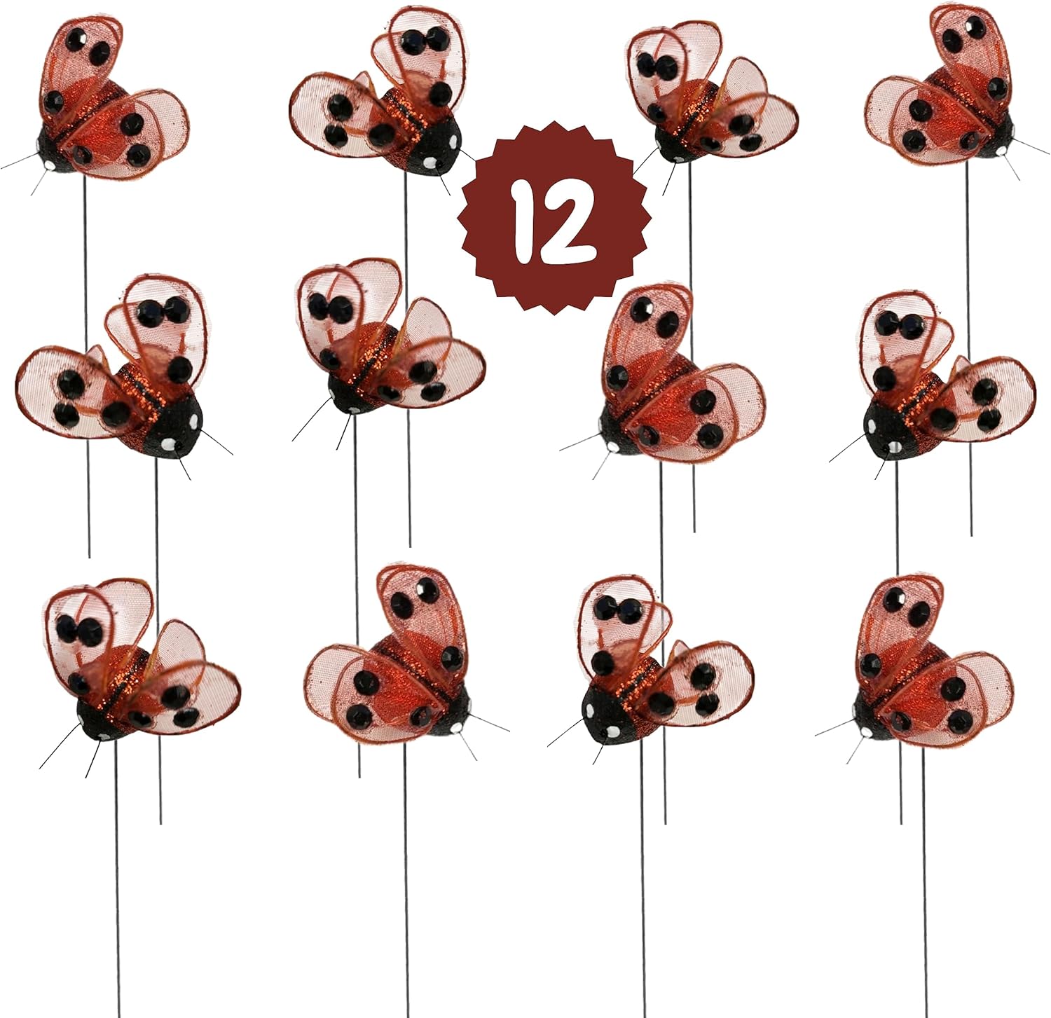 Red and Black Glitter Ladybug Floral Picks - 24 Pack