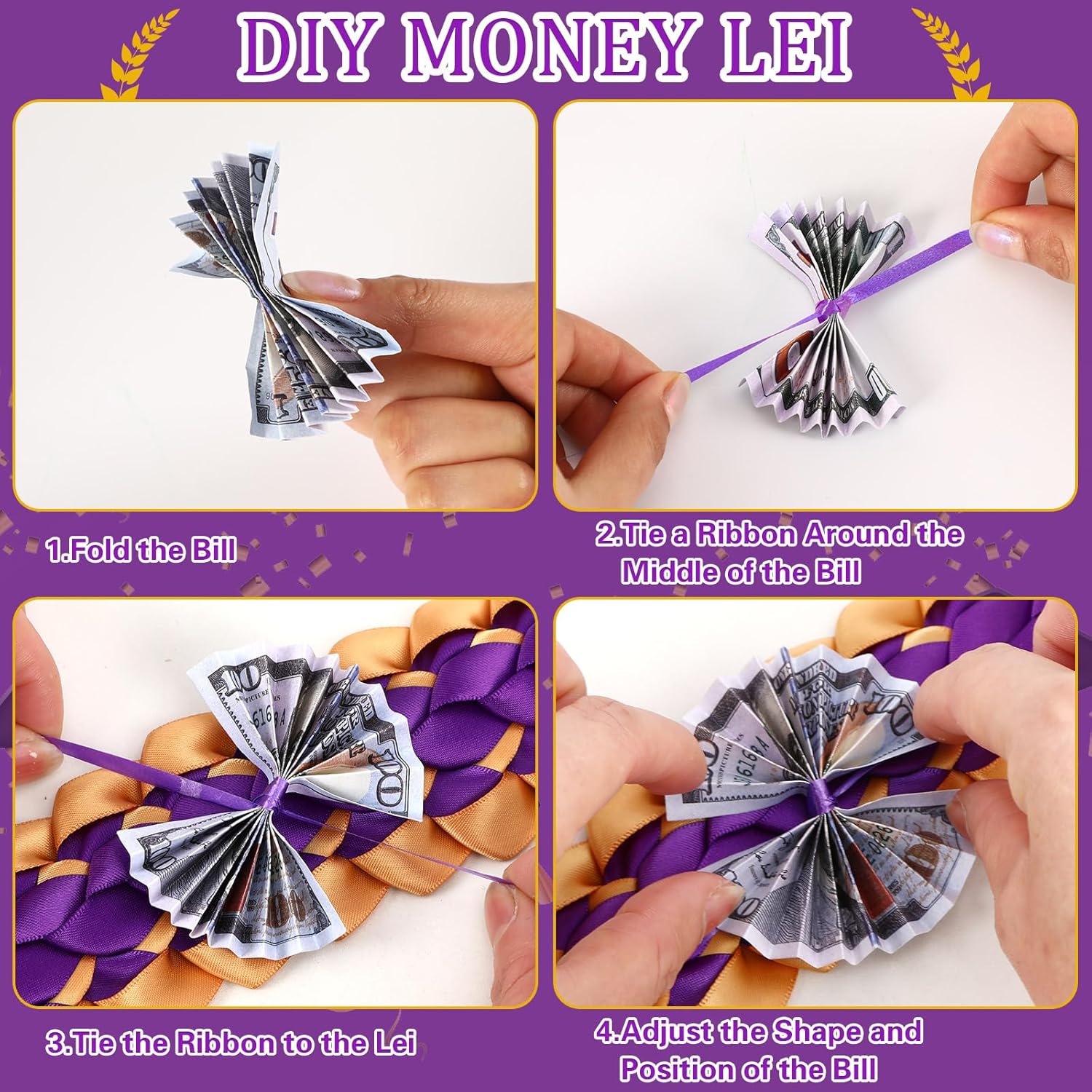 JUNEBRUSHS Graduation Leis 2025 Gold Purple Ribbon Set