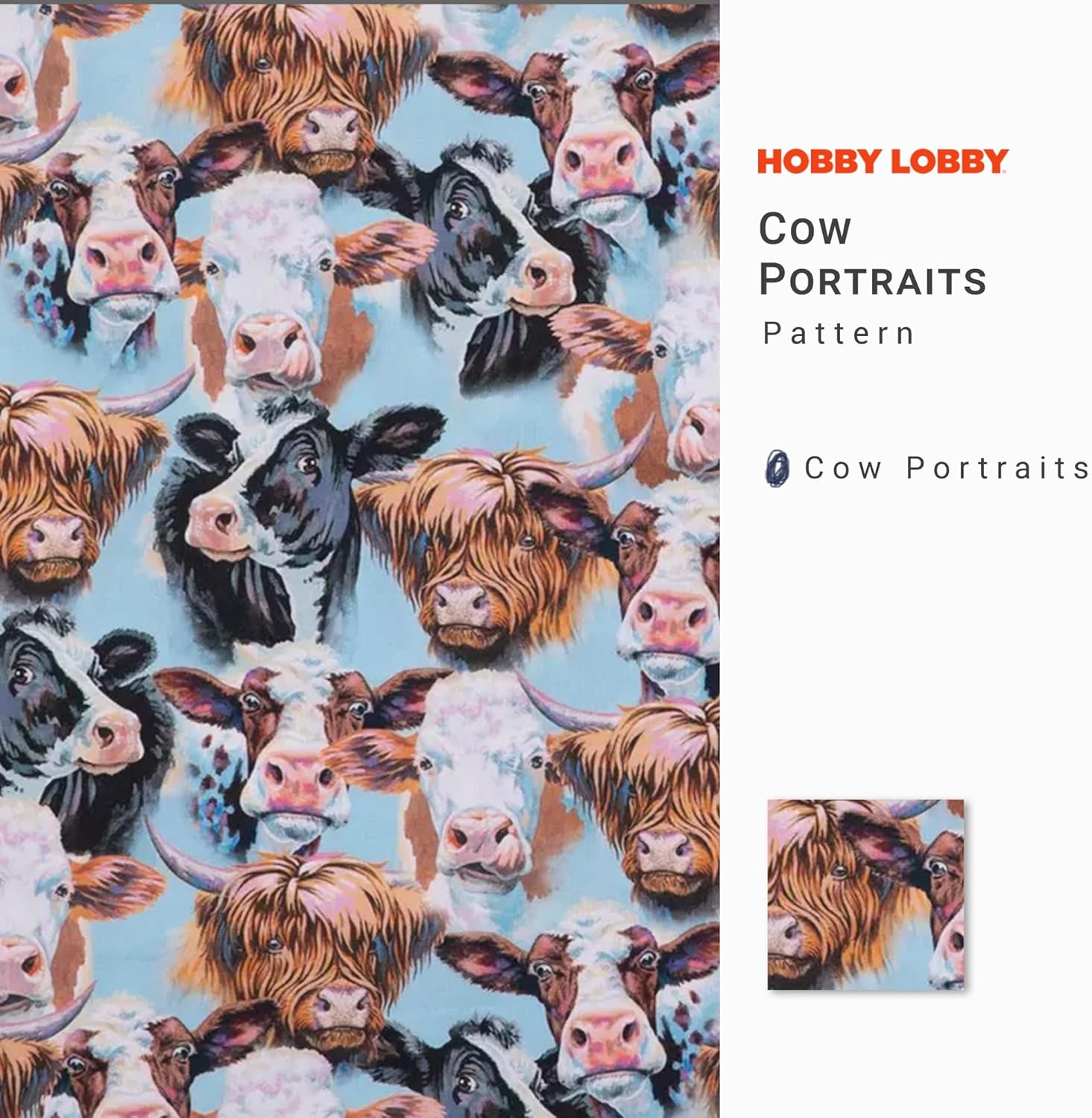 Hobby Lobby Cow Portraits Calico Fabric 2 Yard Print