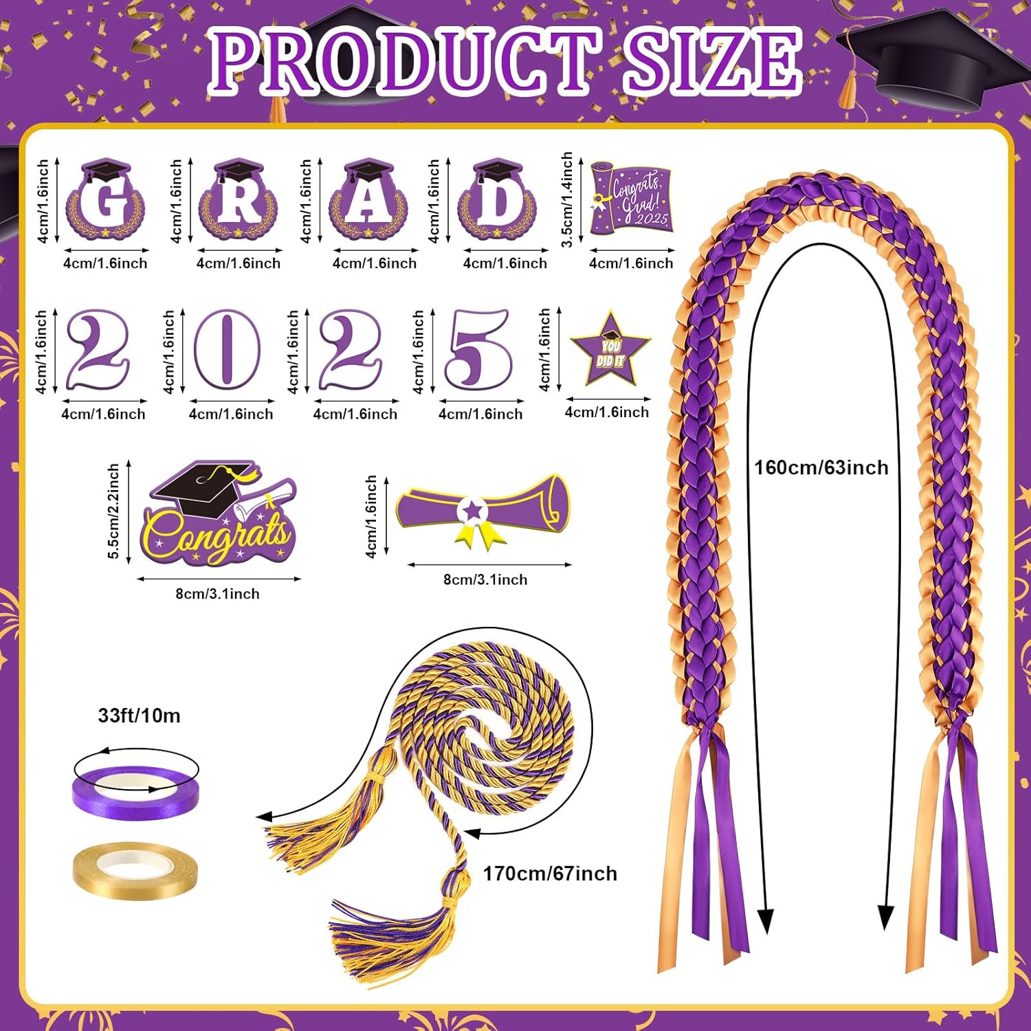 JUNEBRUSHS Graduation Leis 2025 Gold Purple Ribbon Set