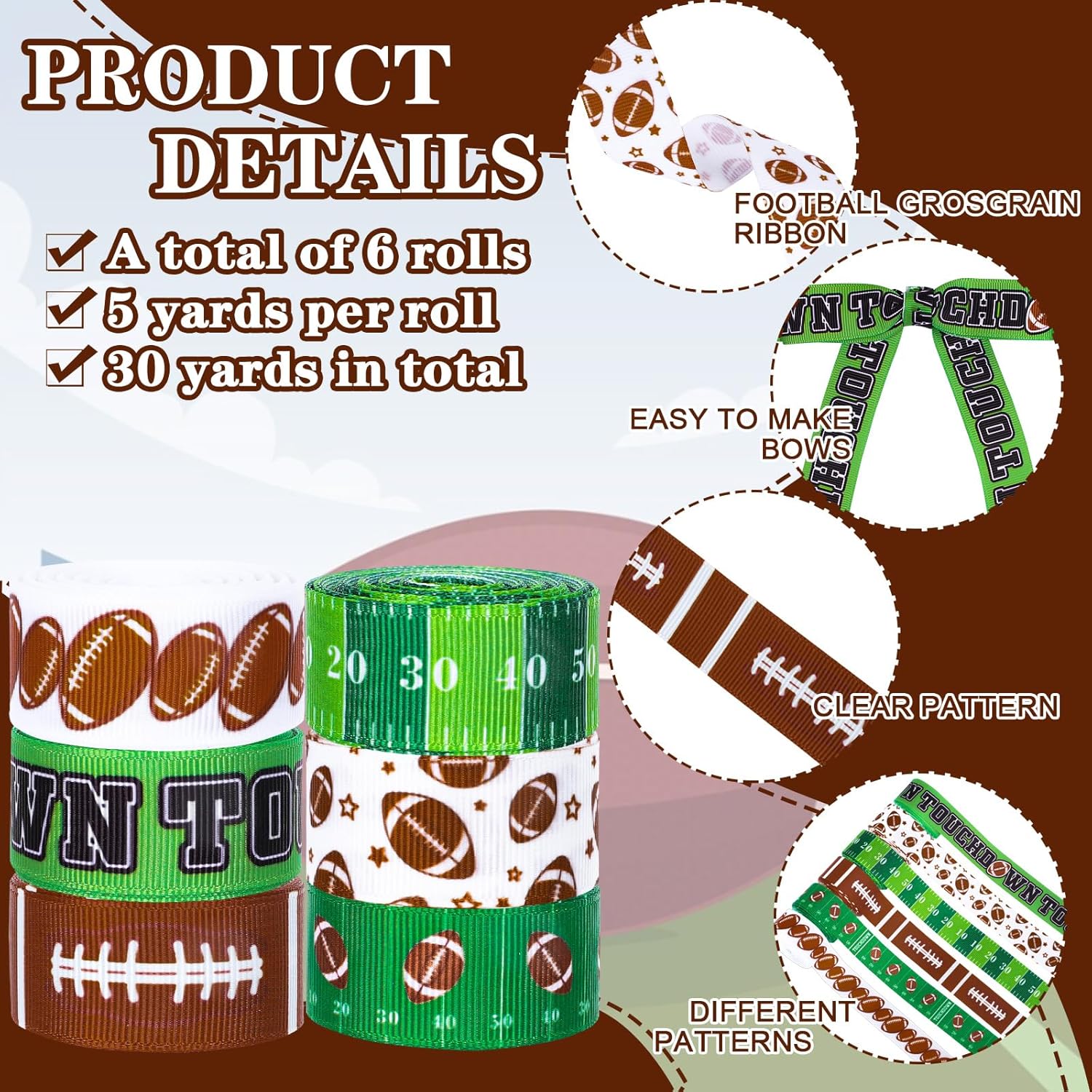 Whaline Football Grosgrain Ribbon 6 Rolls 7 8 Inch 30 Yards