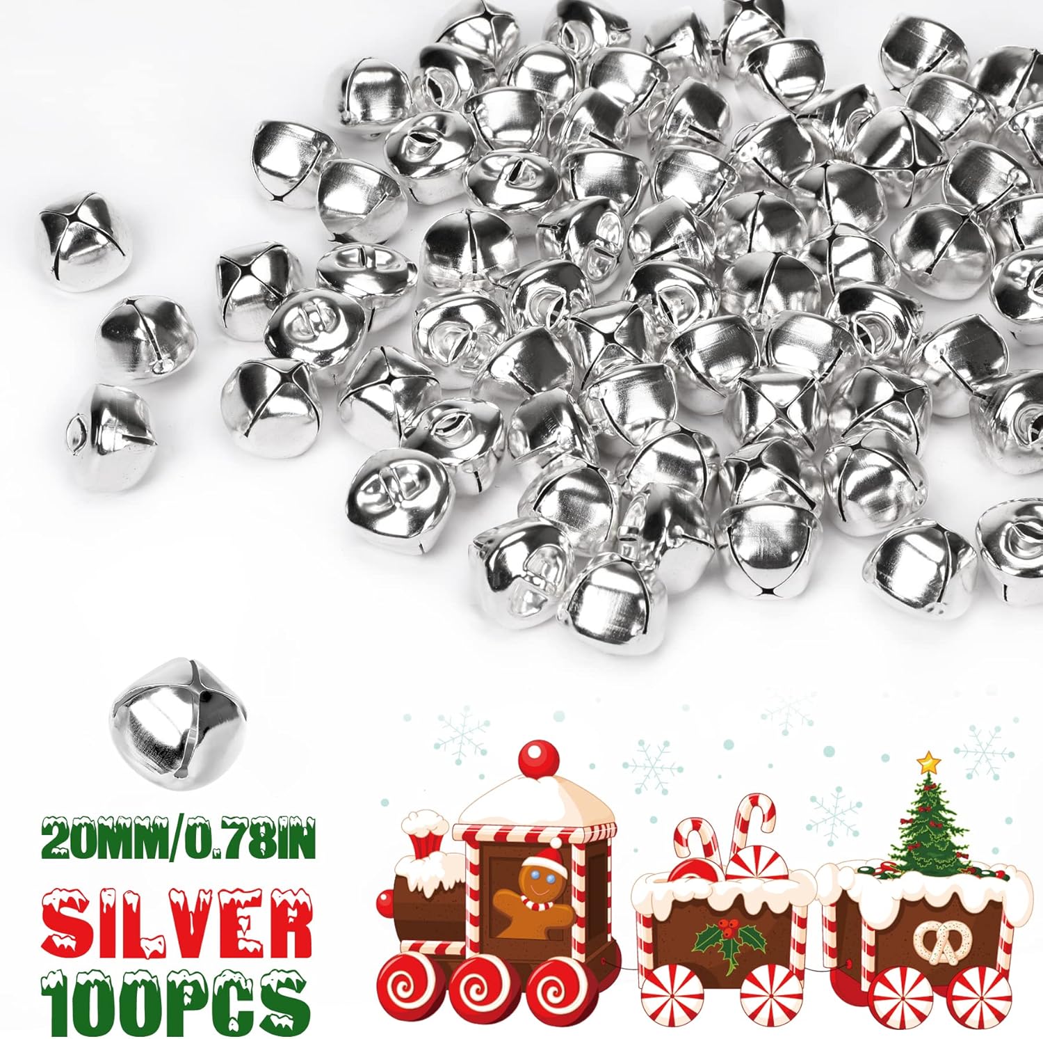Augshy 100 Piece Silver Jingle Bells for Christmas Decorations