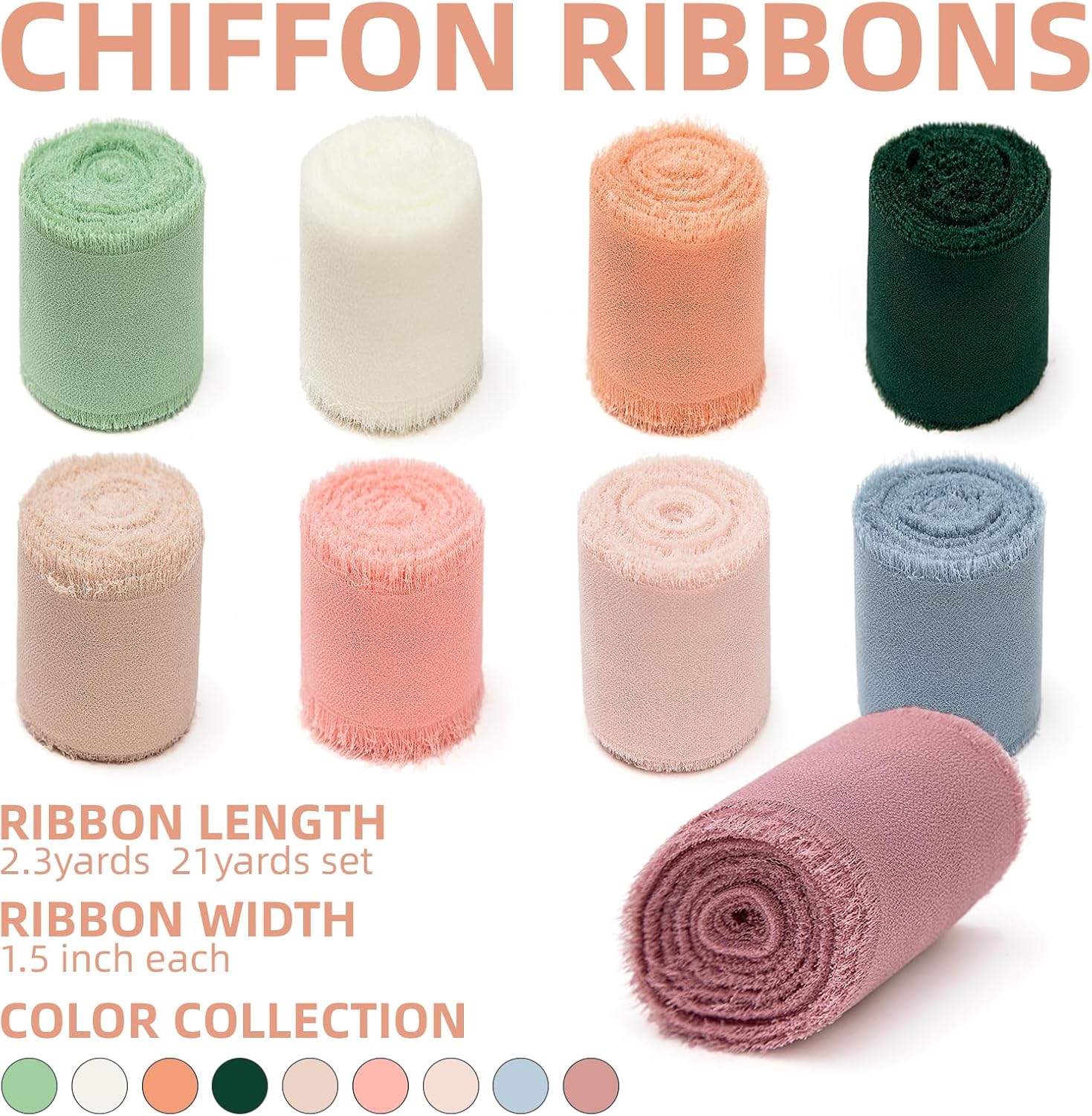 9 Rolls Multicolour Chiffon Ribbon with Frayed Fringe