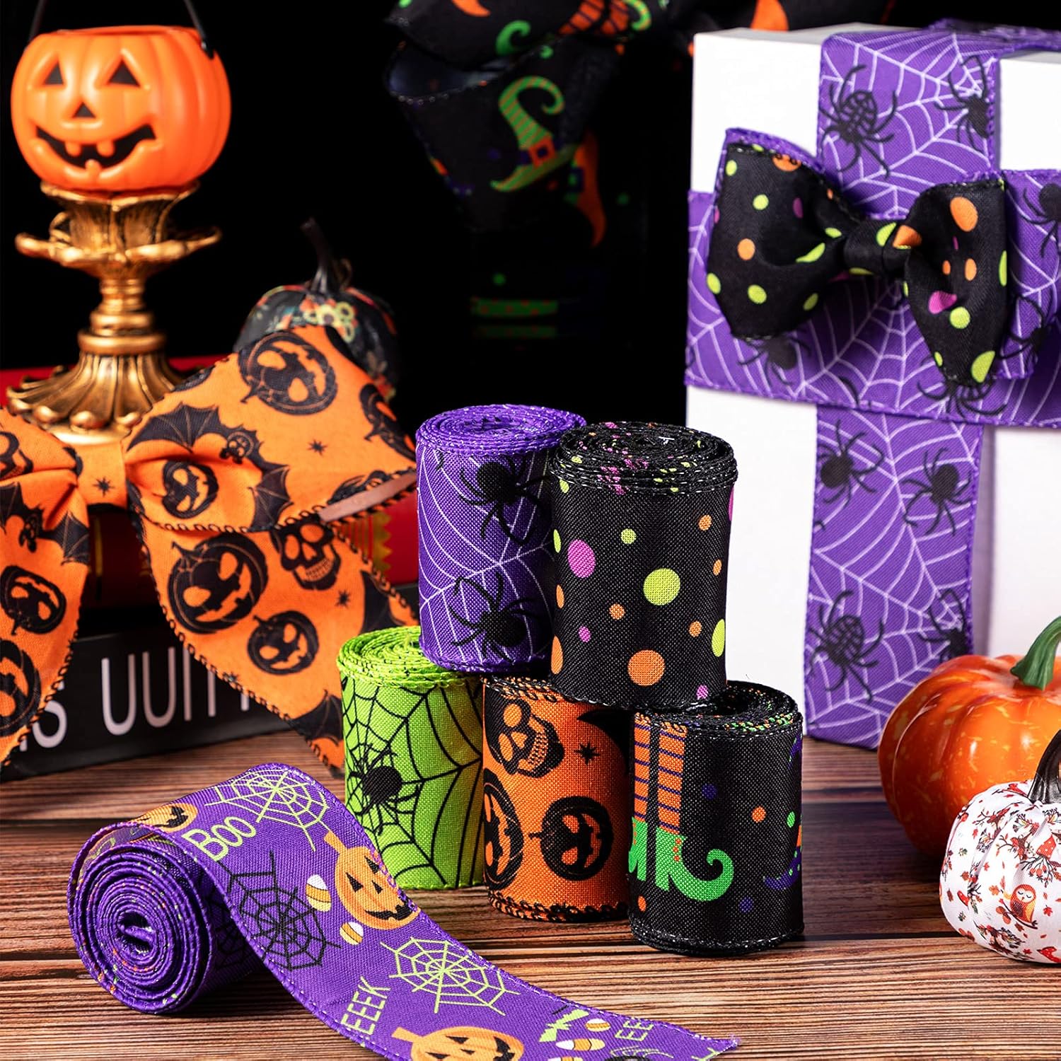 Chuangdi Halloween Ribbons 6 Rolls 30 Yards Wired Edge Decorations