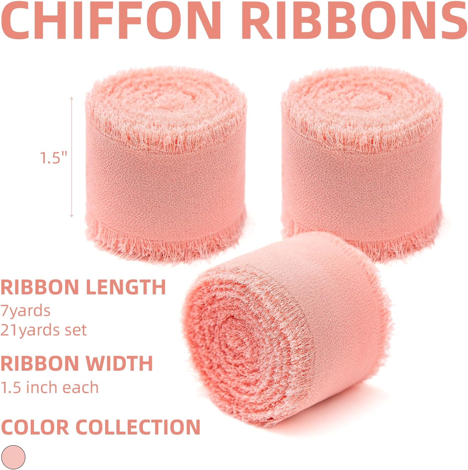 3 Rolls Blush Pink Chiffon Ribbon with Frayed Fringe