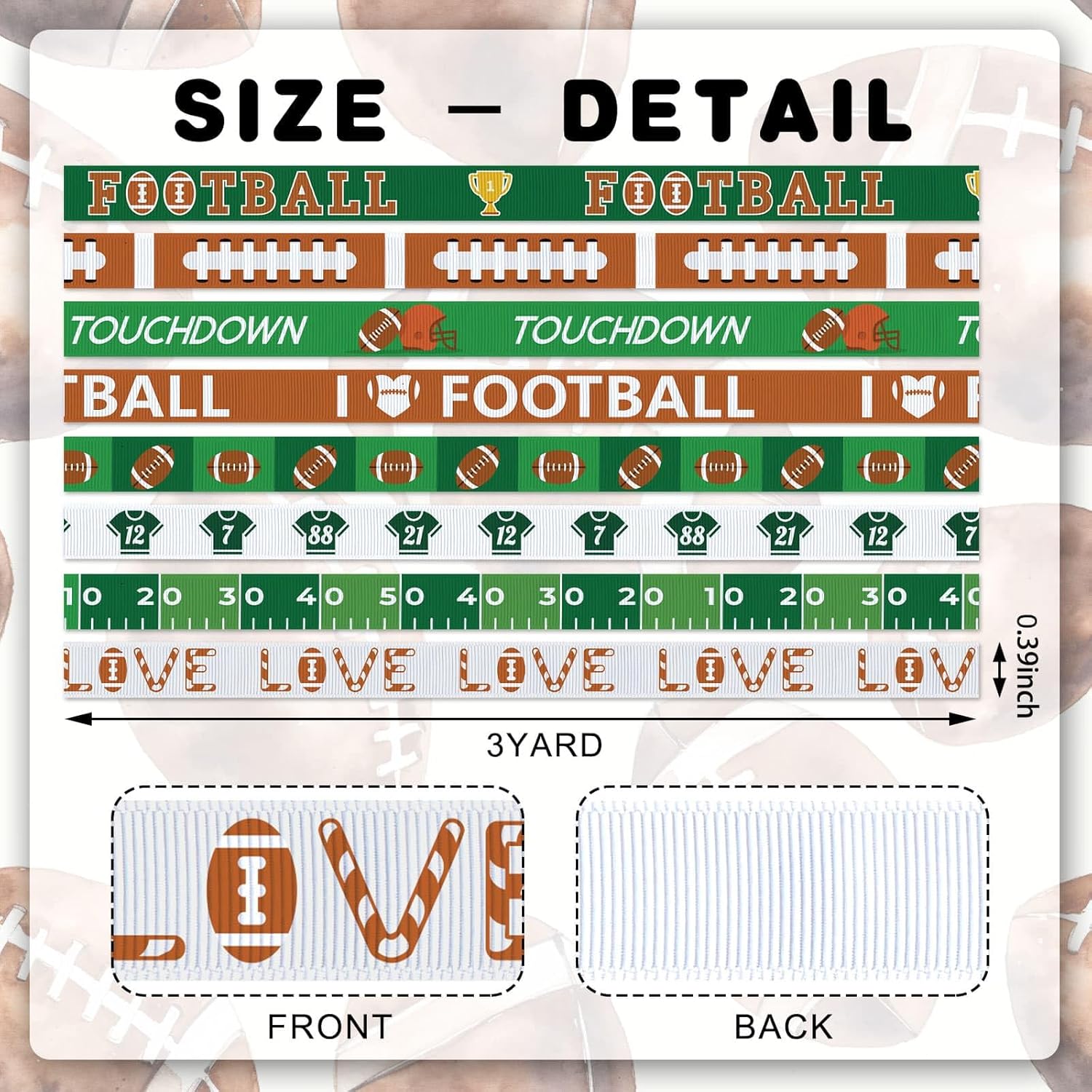 YKW Football Themed Ribbon Set 8 Pack